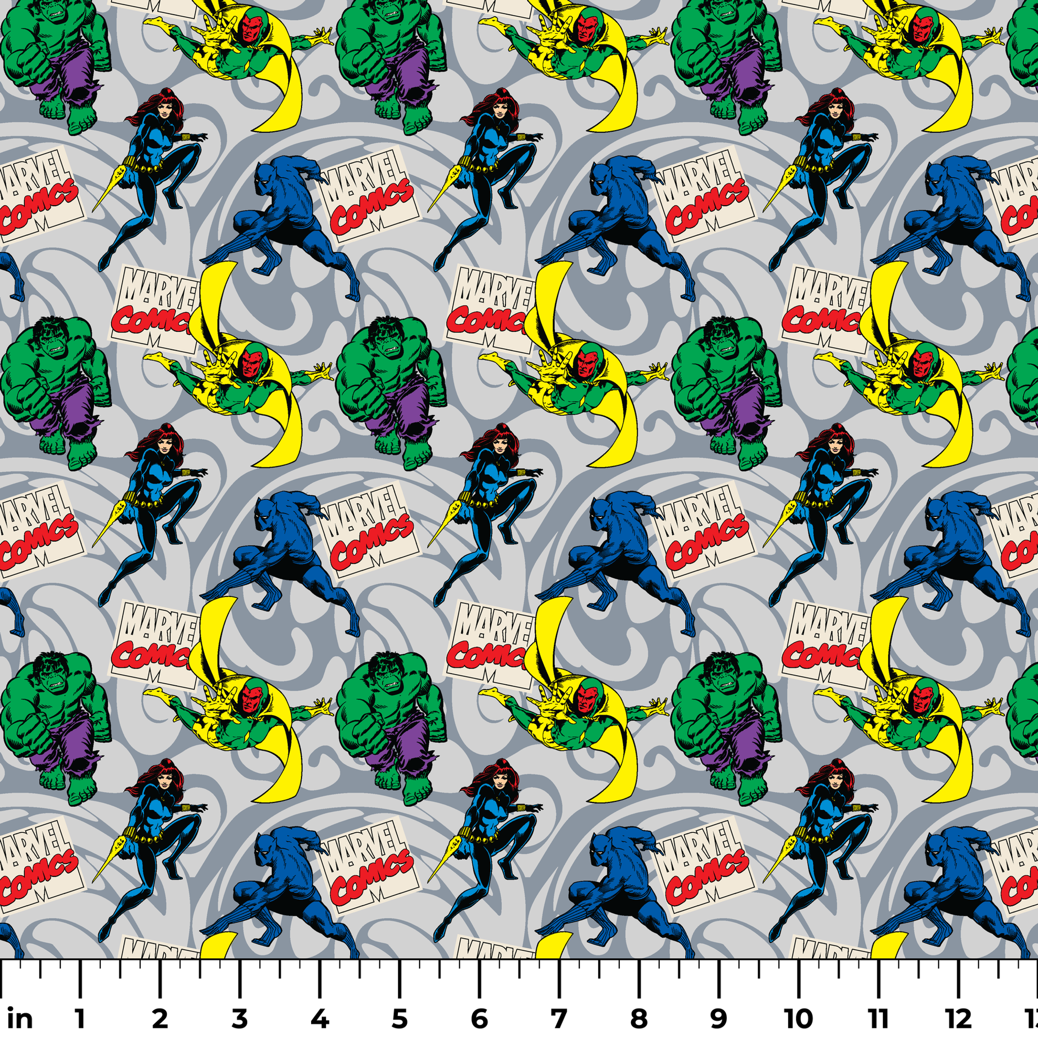 Marvel Comics characters including Hulk, Vision, and other superheroes on a gray background with Marvel Comics logos ruler