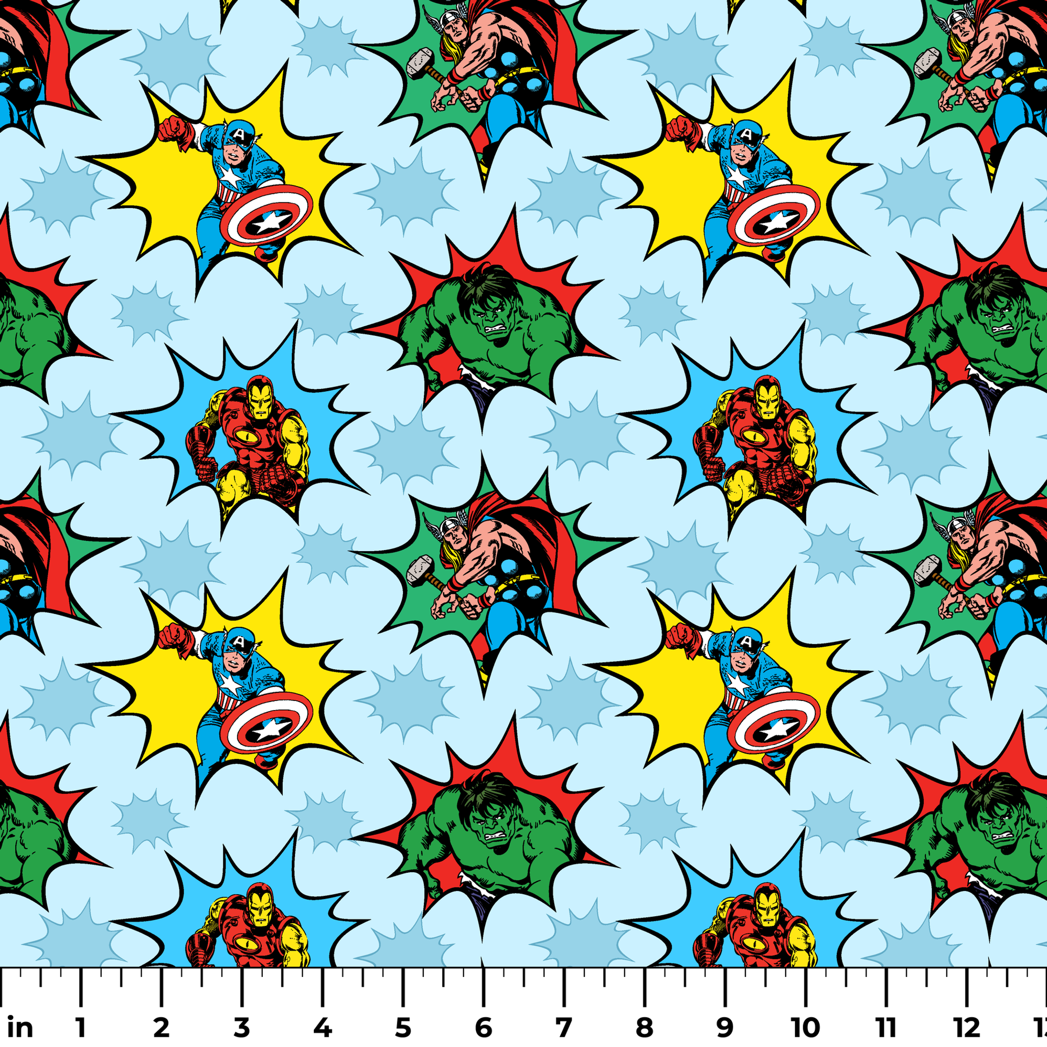 Marvel superhero pattern with Captain America, Iron Man, and Hulk in colorful burst designs on a blue background. ruler