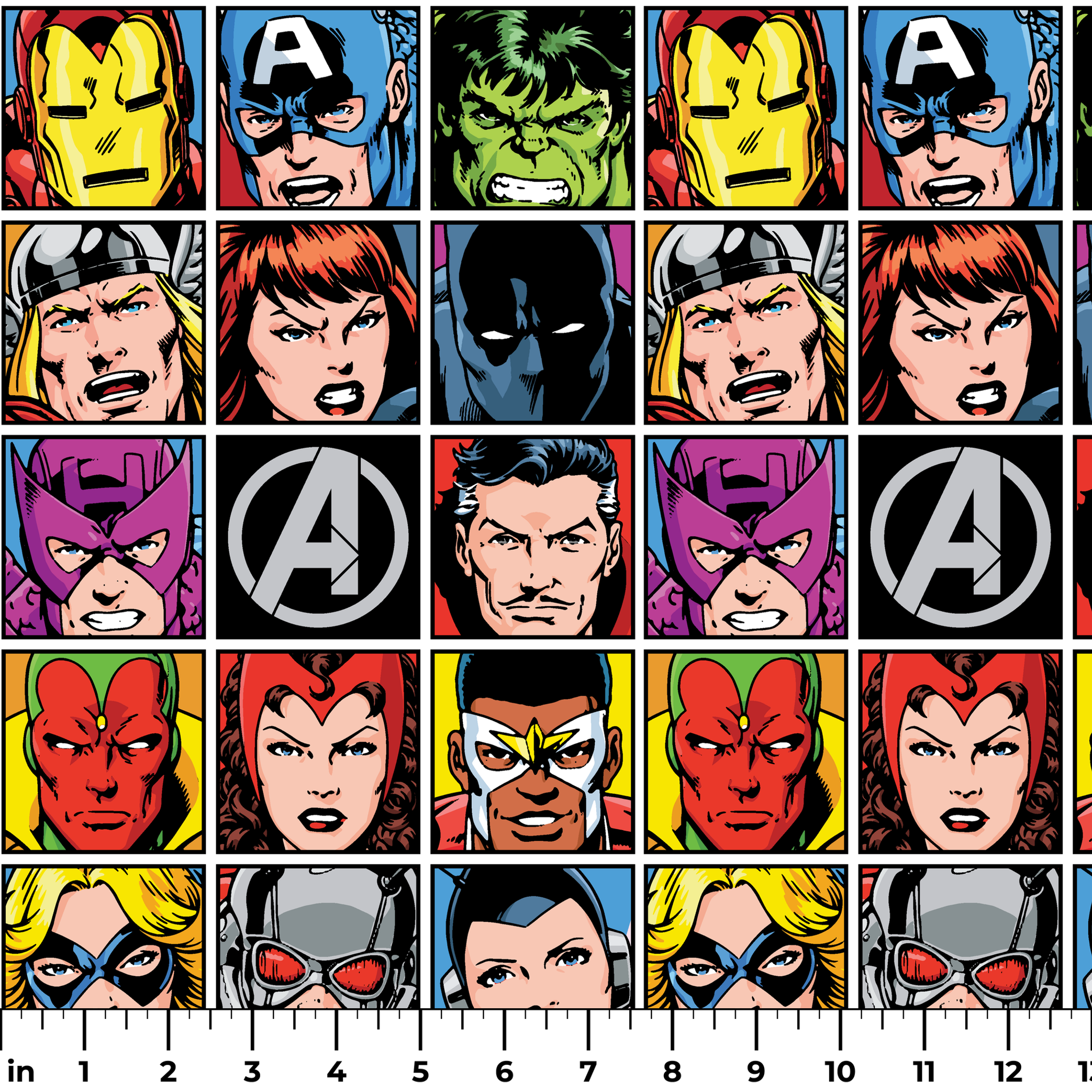 Marvel Avengers character portraits in comic style grid with colorful backgrounds showing superheroes and their iconic looks. ruler