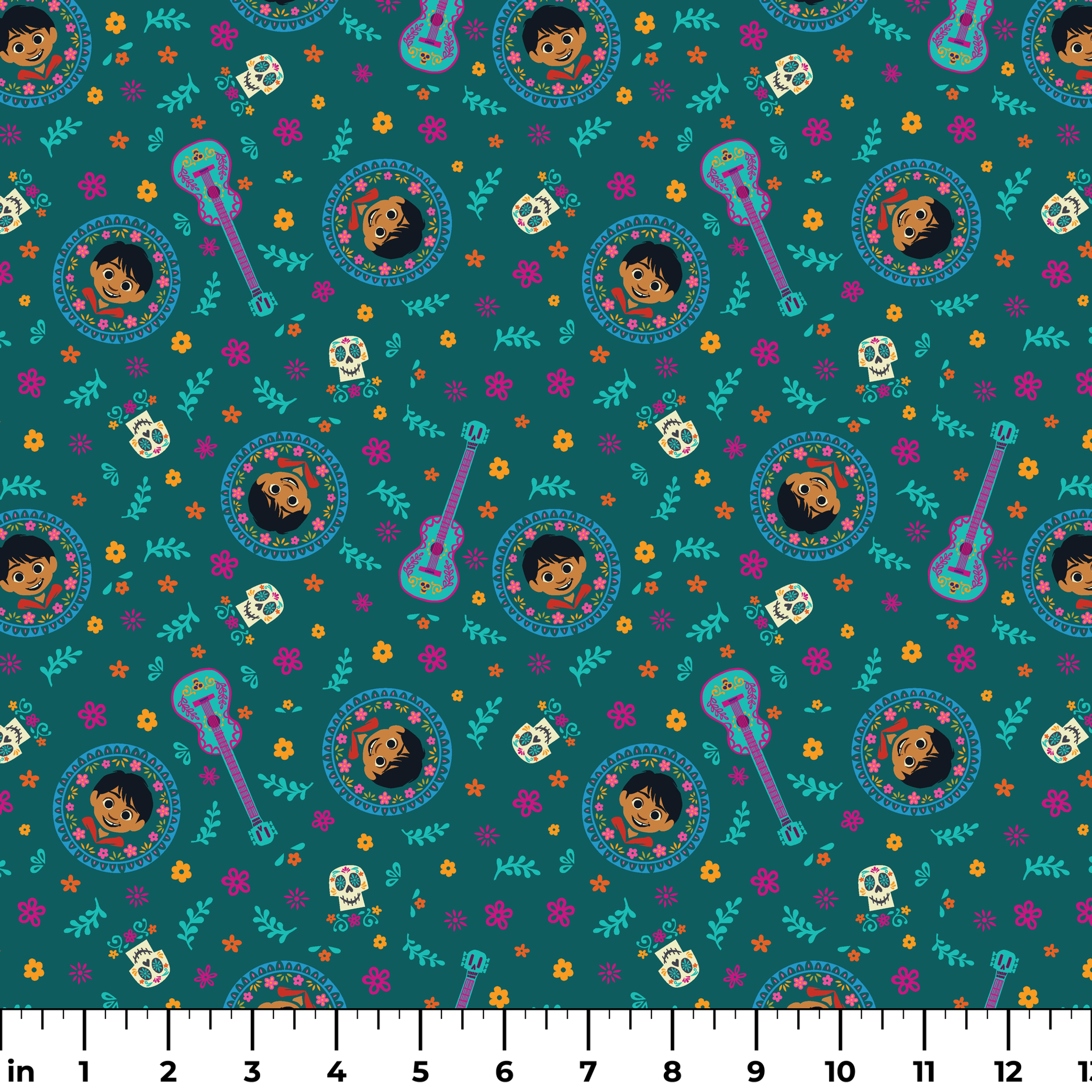 Colorful Coco-inspired pattern with guitars, sugar skulls, circular portraits, and floral elements on teal background. ruler