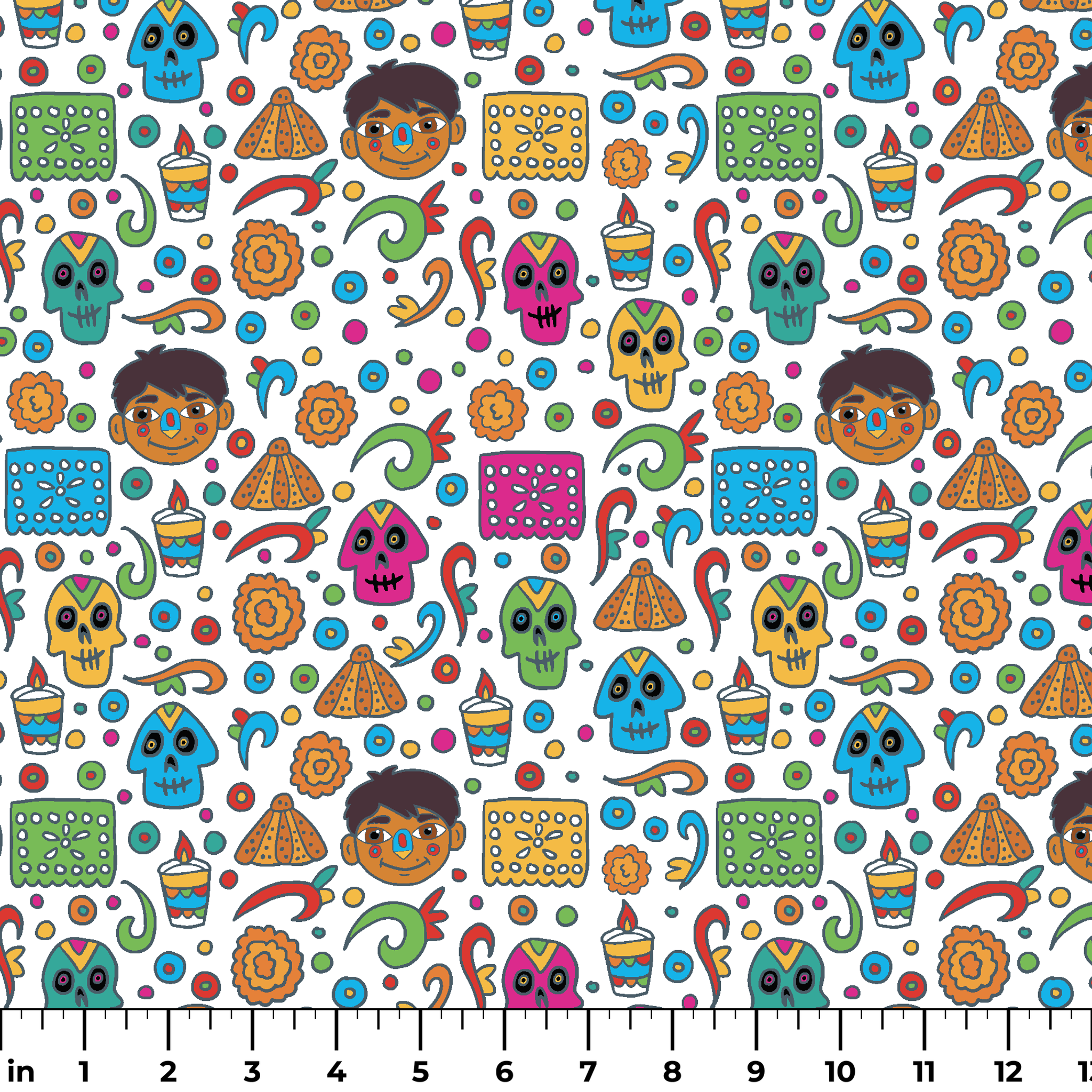 Colorful Coco pattern with sugar skulls, pyramids, swirls, flowers, and cartoon characters on white background ruler