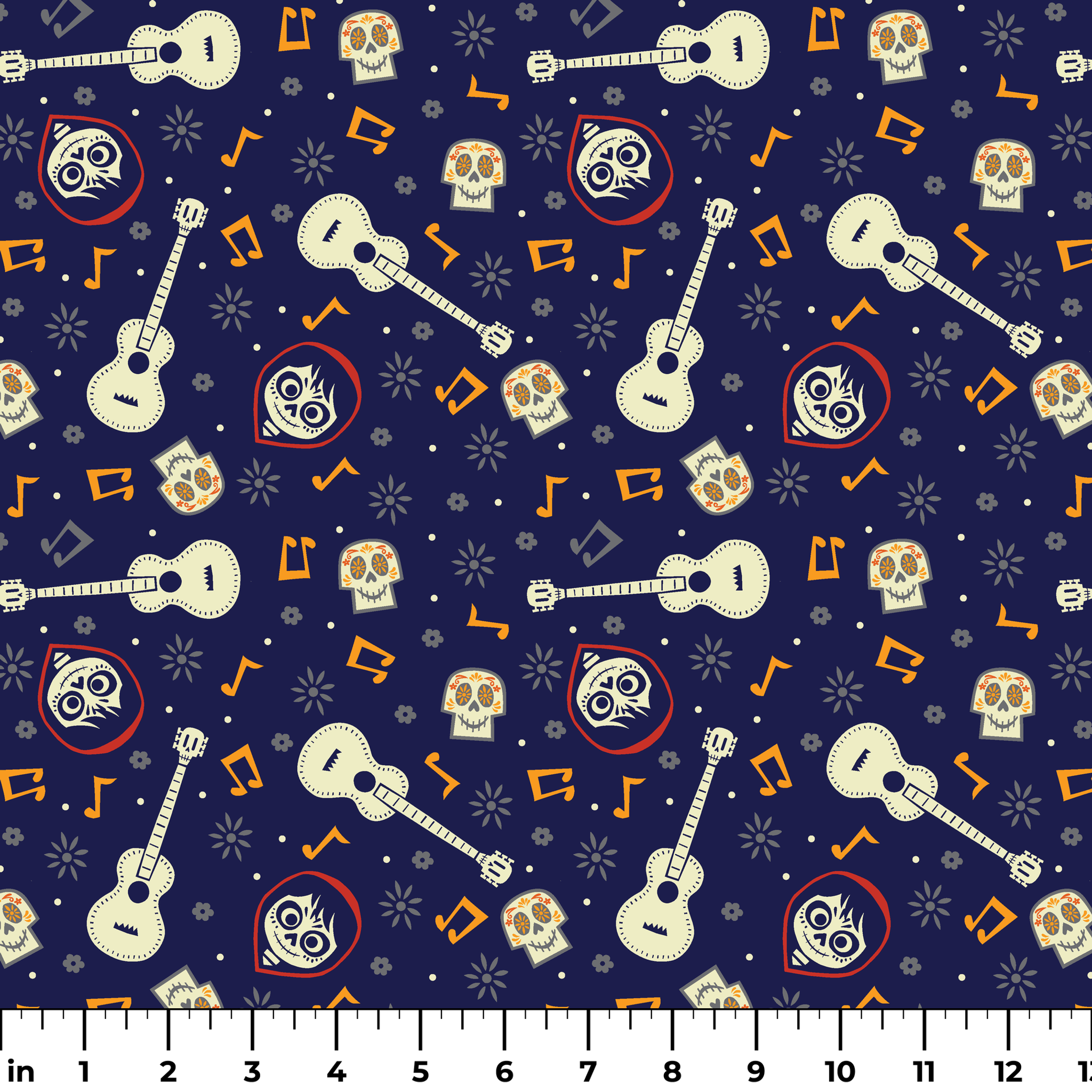 Coco dark blue pattern with white acoustic guitars, decorative skulls, orange musical notes, and circular designs scattered across a starry background. ruler