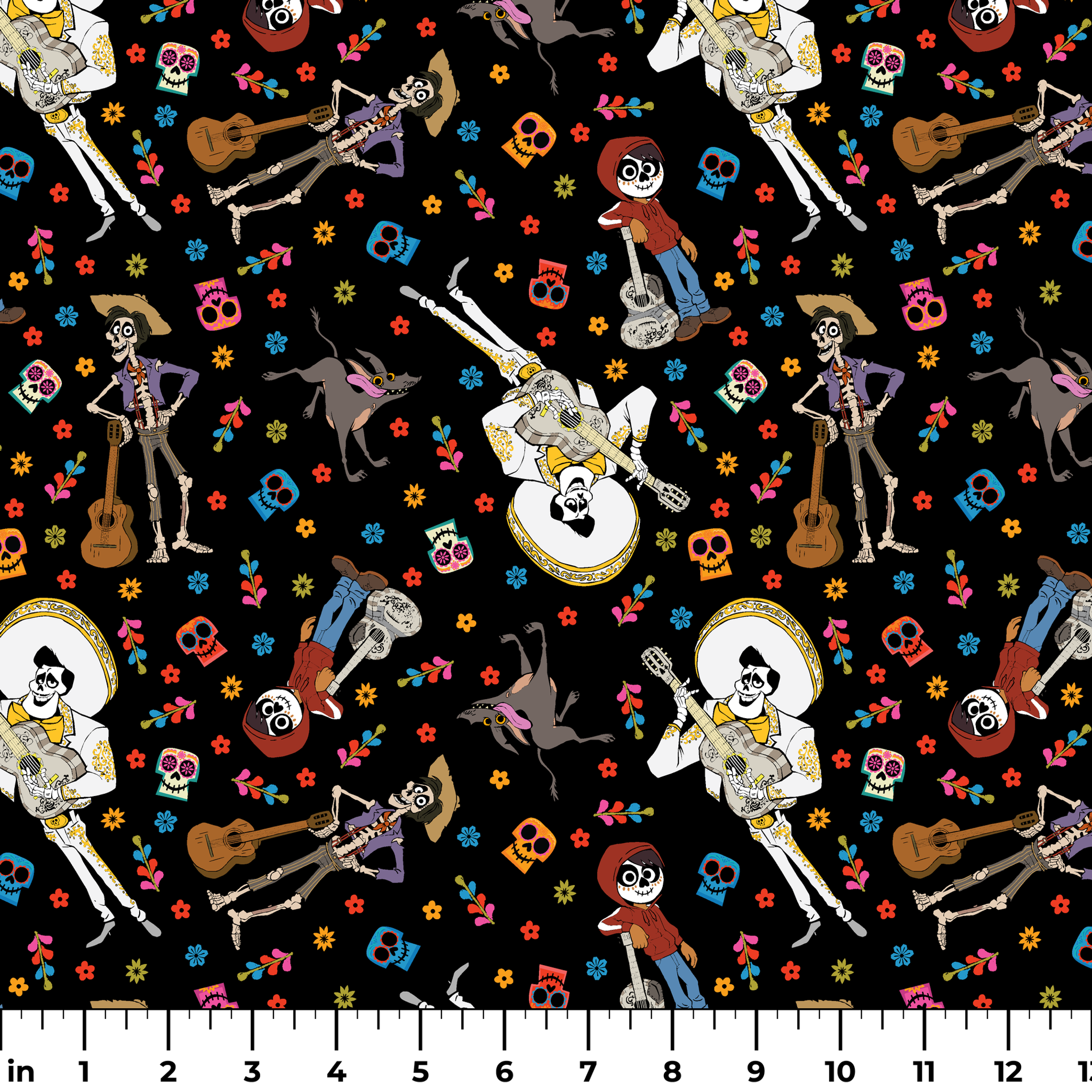 Colorful Coco Day of the Dead pattern with skeleton figures playing instruments, skulls, and flowers on black background ruler