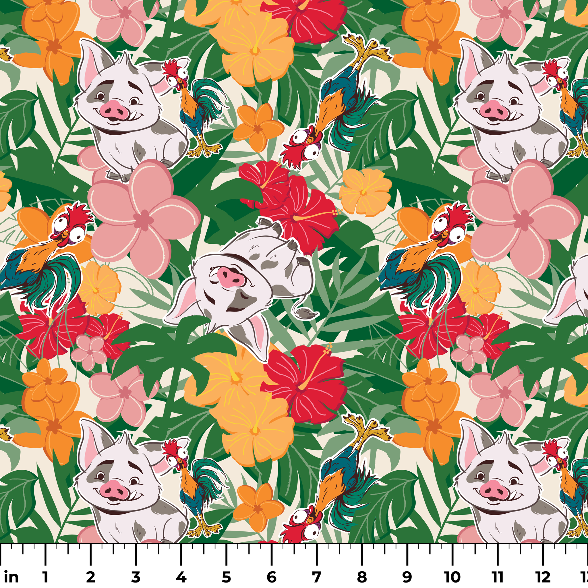Cartoon pigs peeking through vibrant tropical flowers in red, orange, yellow, and pink among green foliage ruler