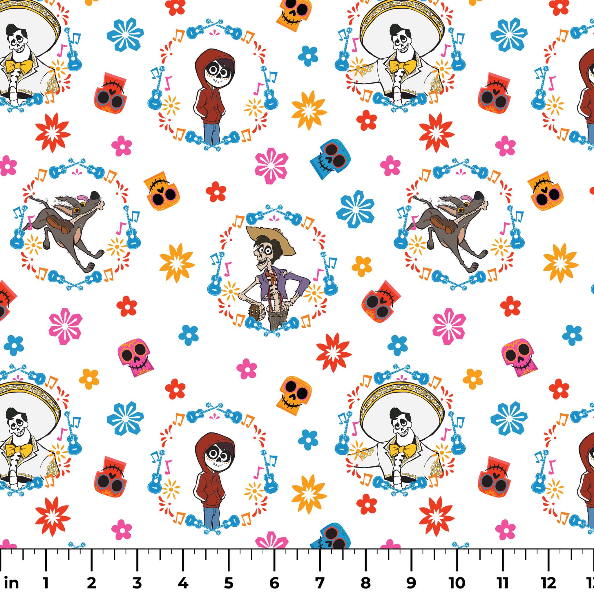 Colorful Coco pattern with Day of the Dead skeleton characters in floral wreaths, sugar skulls, and bright flowers on white background ruler