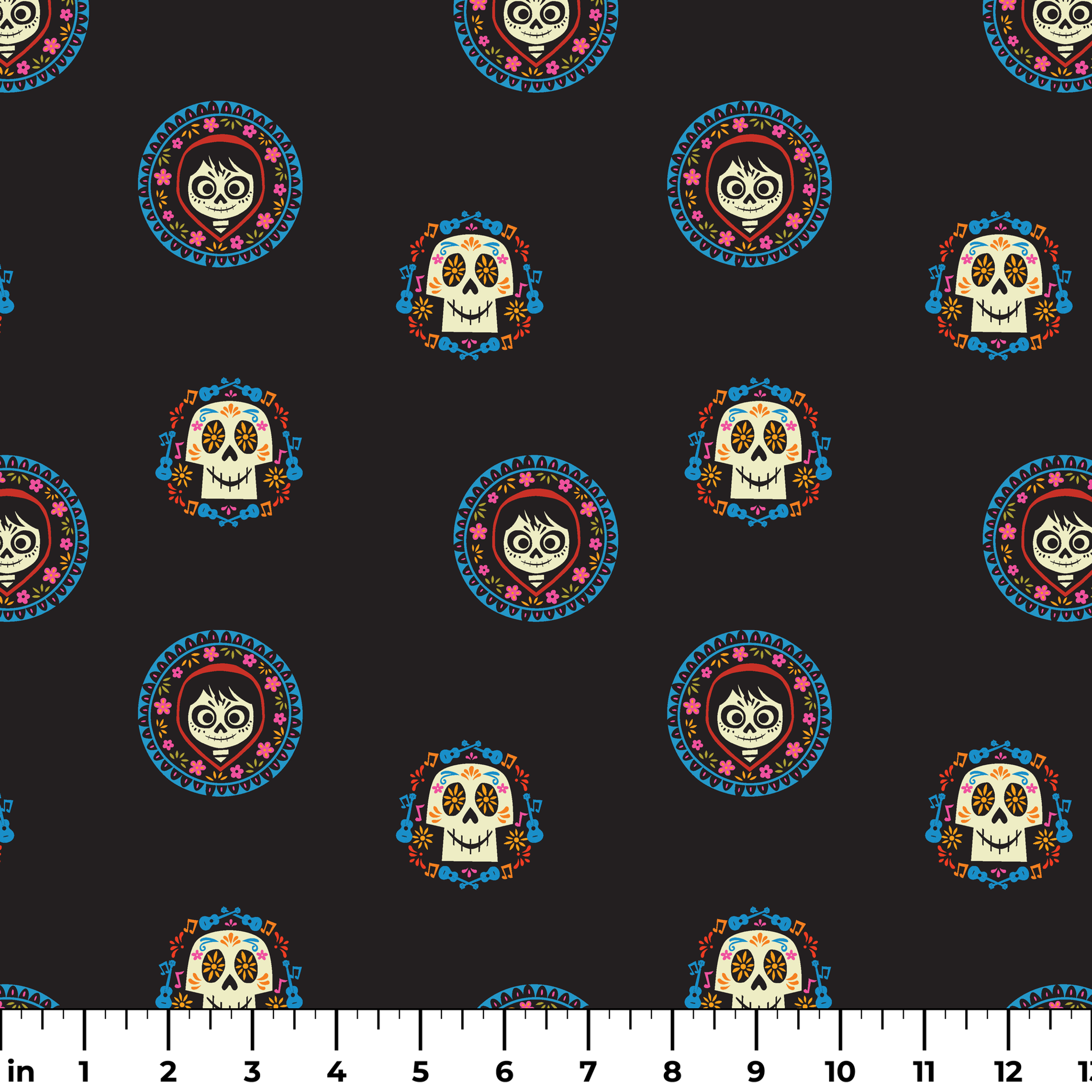 Colorful Coco sugar skull pattern with decorative circular borders on black background ruler
