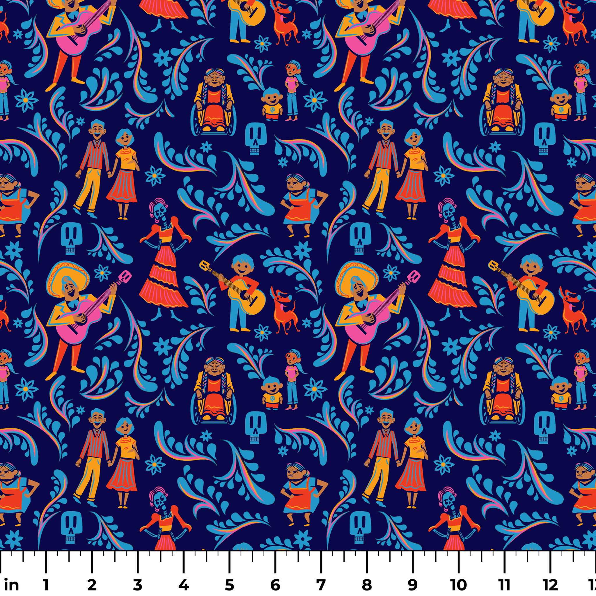 Colorful Coco folk art pattern with figures playing guitars, dancing, and blue skulls on dark background ruler