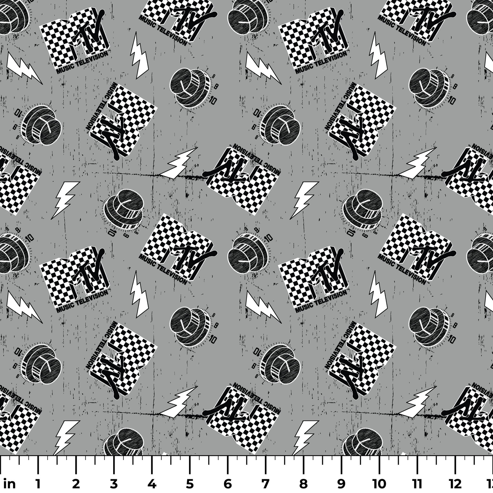Motorsport pattern with checkered racing flags, lightning bolts, and helmets on gray background ruler
