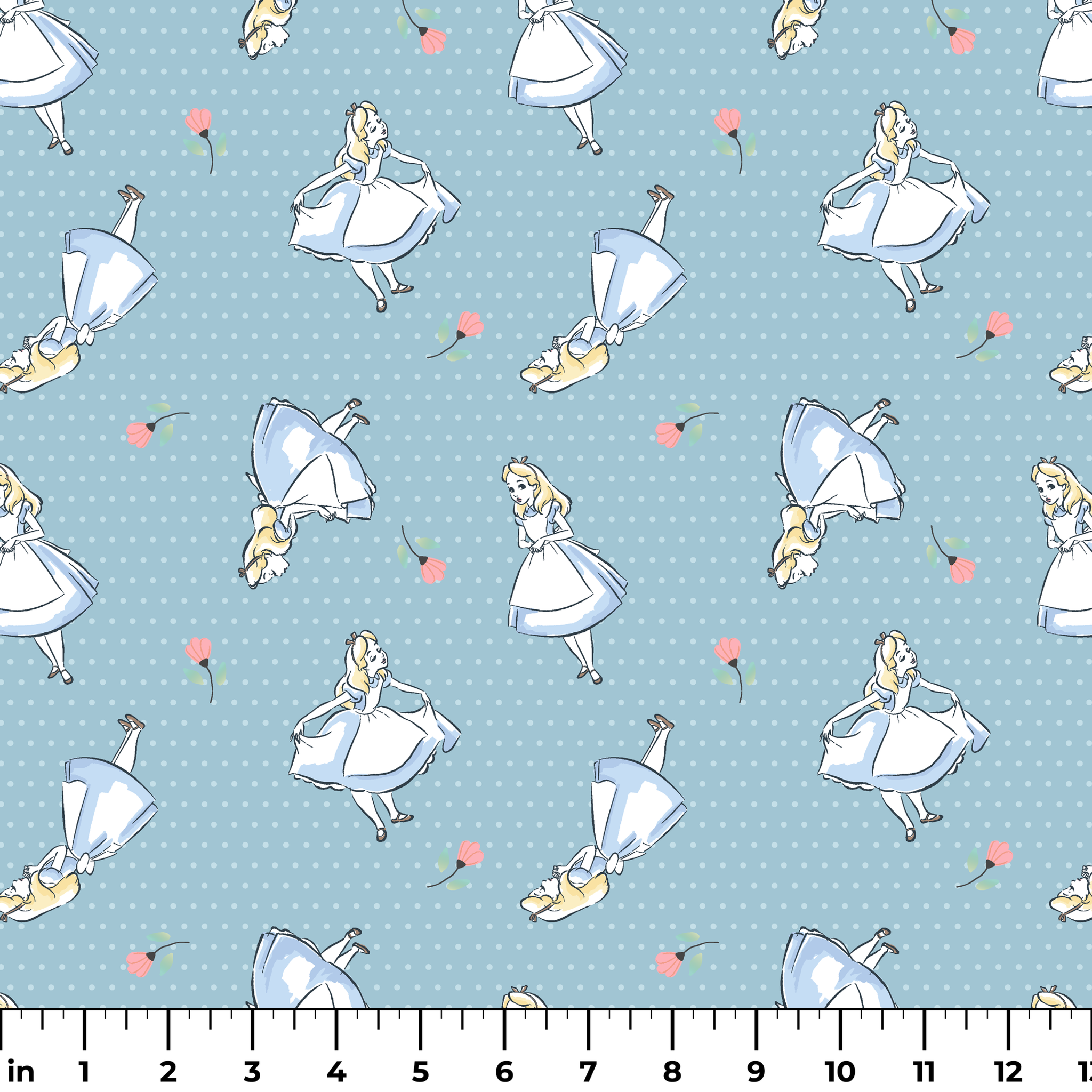 Blue polka dot pattern with illustrated characters in blue dresses and small pink flowers scattered throughout. ruler