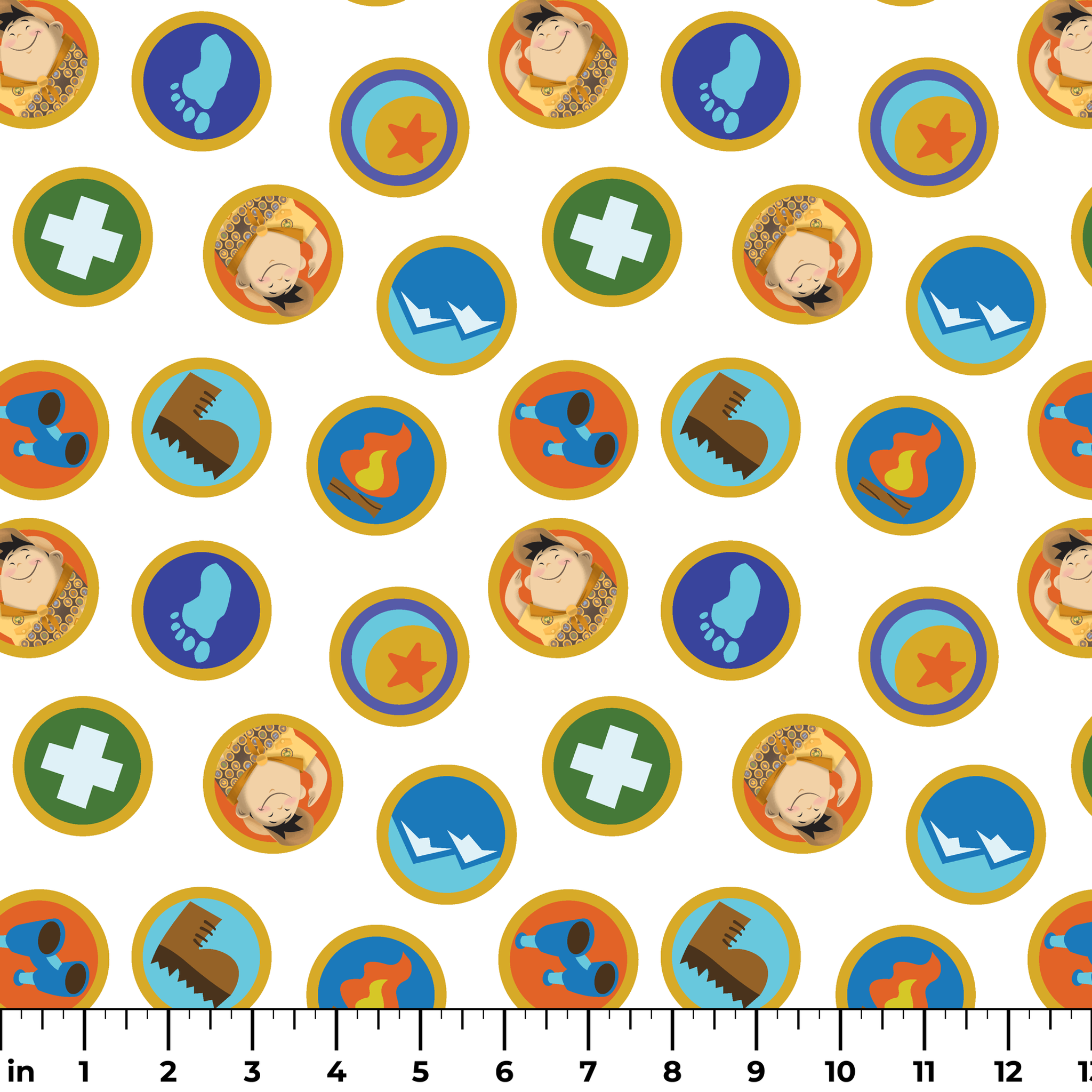 Colorful Up-inspired circular badges with outdoor adventure symbols including footprint, star, first aid cross, boots, and hiking equipment. ruler