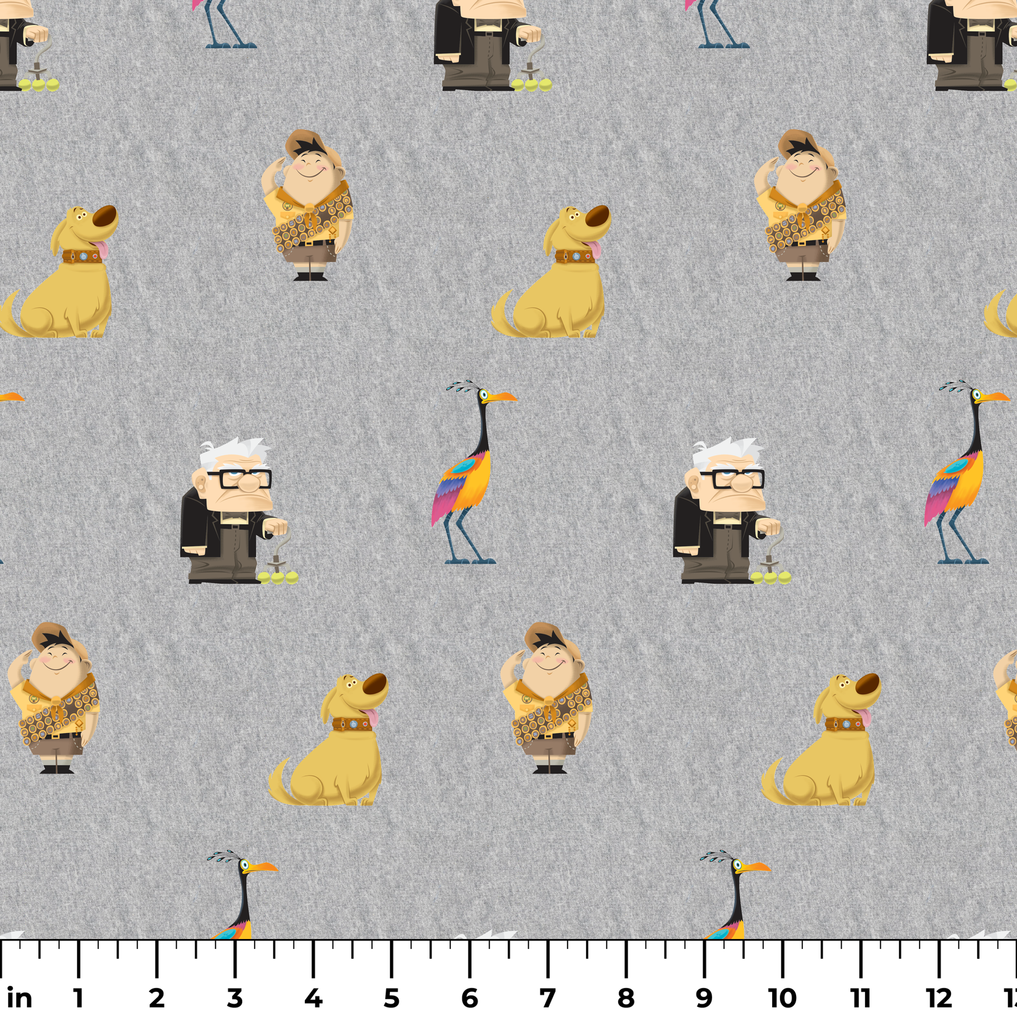 Up pattern with wilderness explorer characters, yellow birds, and colorful details on gray background ruler