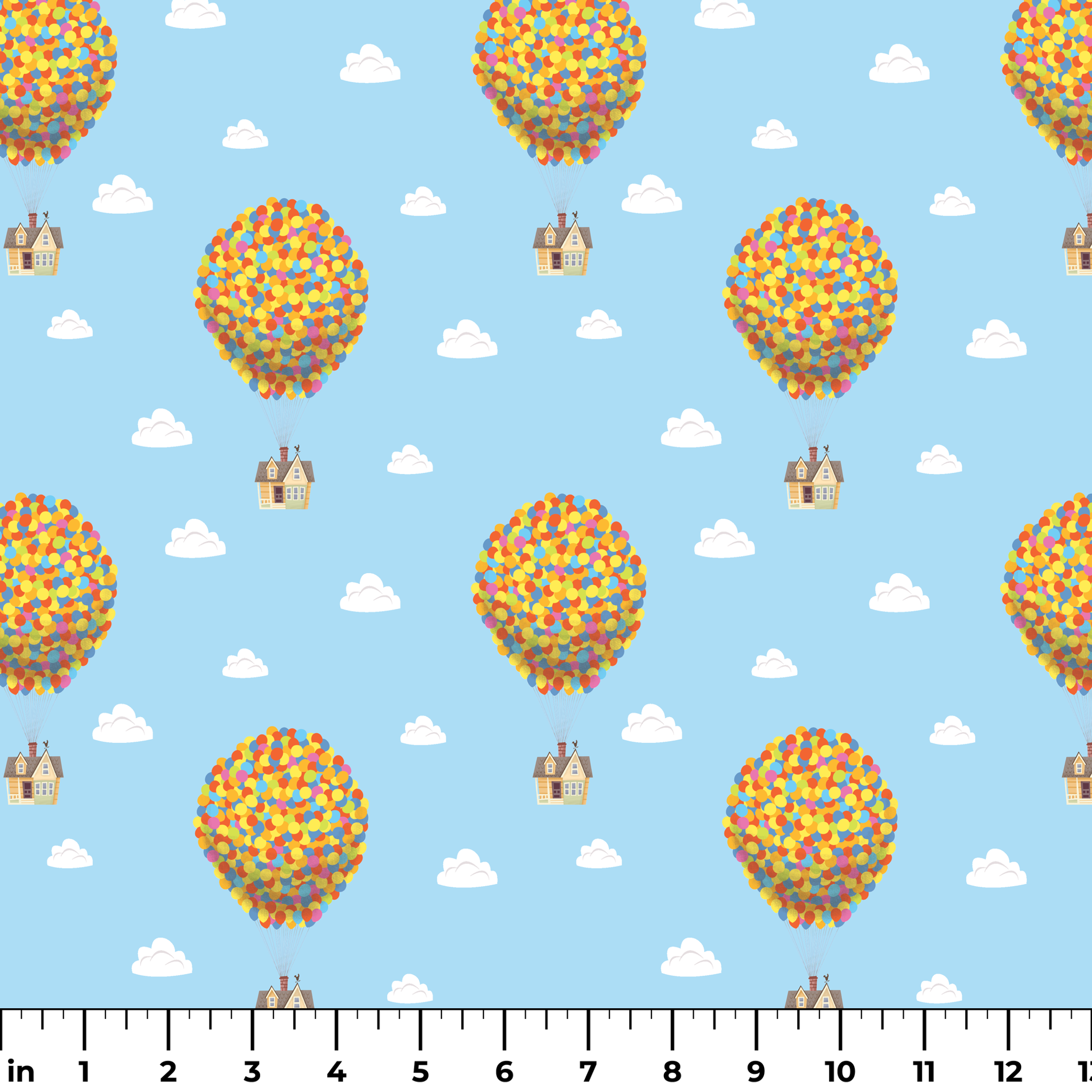 Repeating Up pattern of houses lifted by colorful balloon clusters against a light blue sky with white clouds ruler