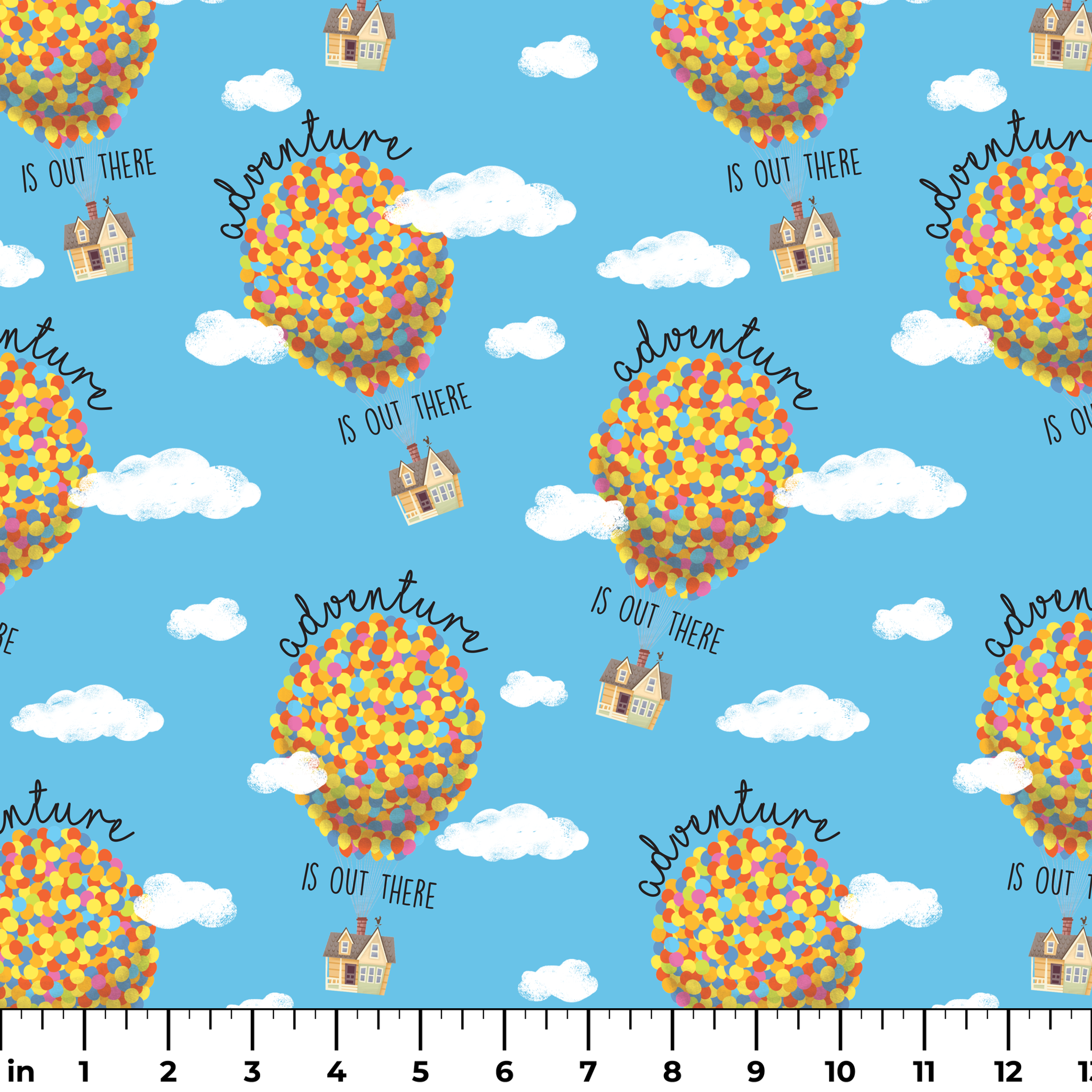 Colorful Up-inspired balloon houses floating in blue sky with text "Adventure is out there" repeating in pattern ruler