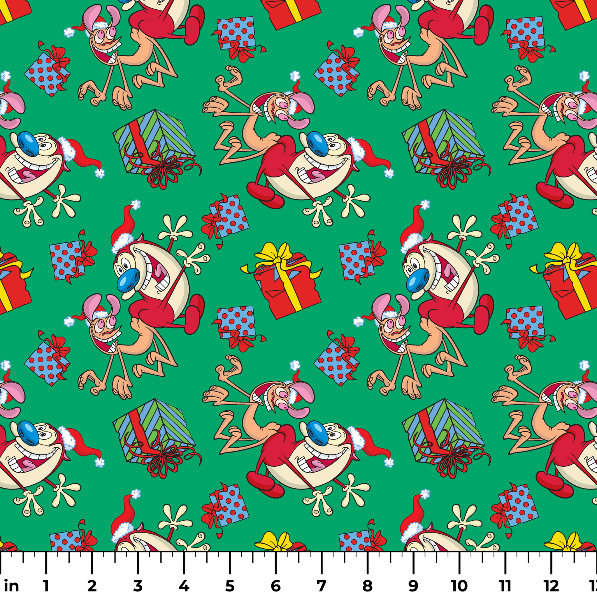 Whimsical cartoon Christmas pattern with elves, Santa figures, and colorful gifts on green background ruler