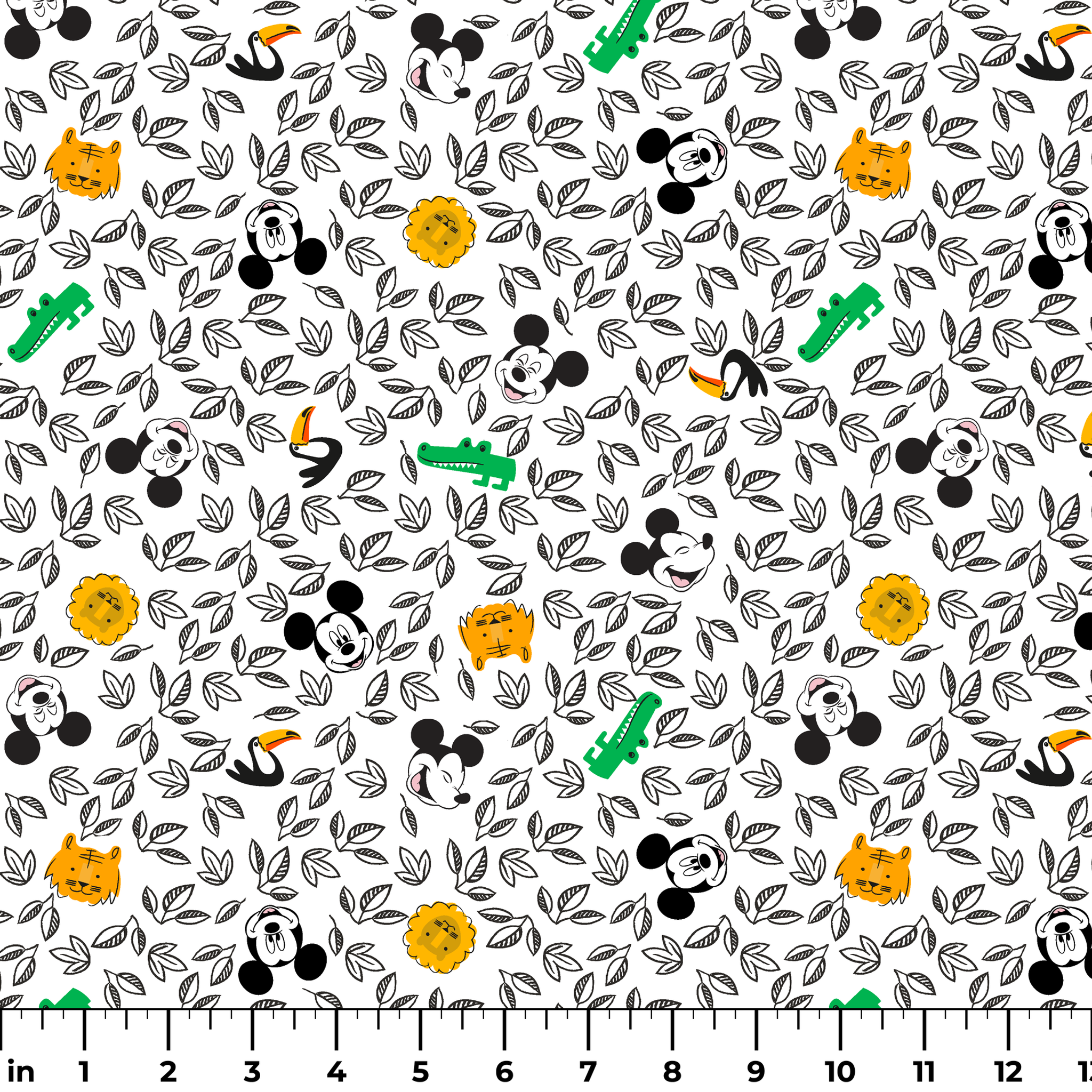 Pattern of cartoon Mickey Mouse silhouettes with yellow honeycomb, green bamboo, and black and white leaves ruler