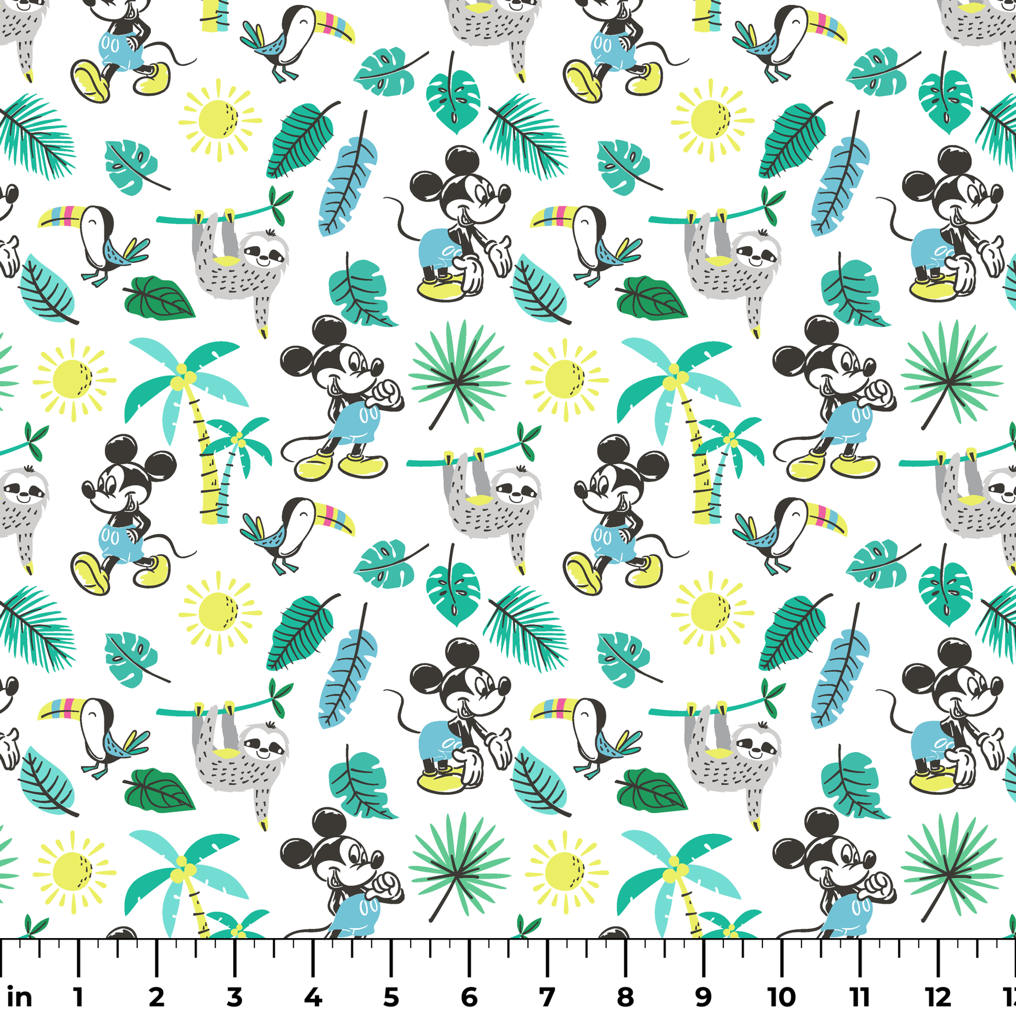 Tropical pattern with cartoon characters, sloths, toucans, palm leaves, and suns on white background ruler