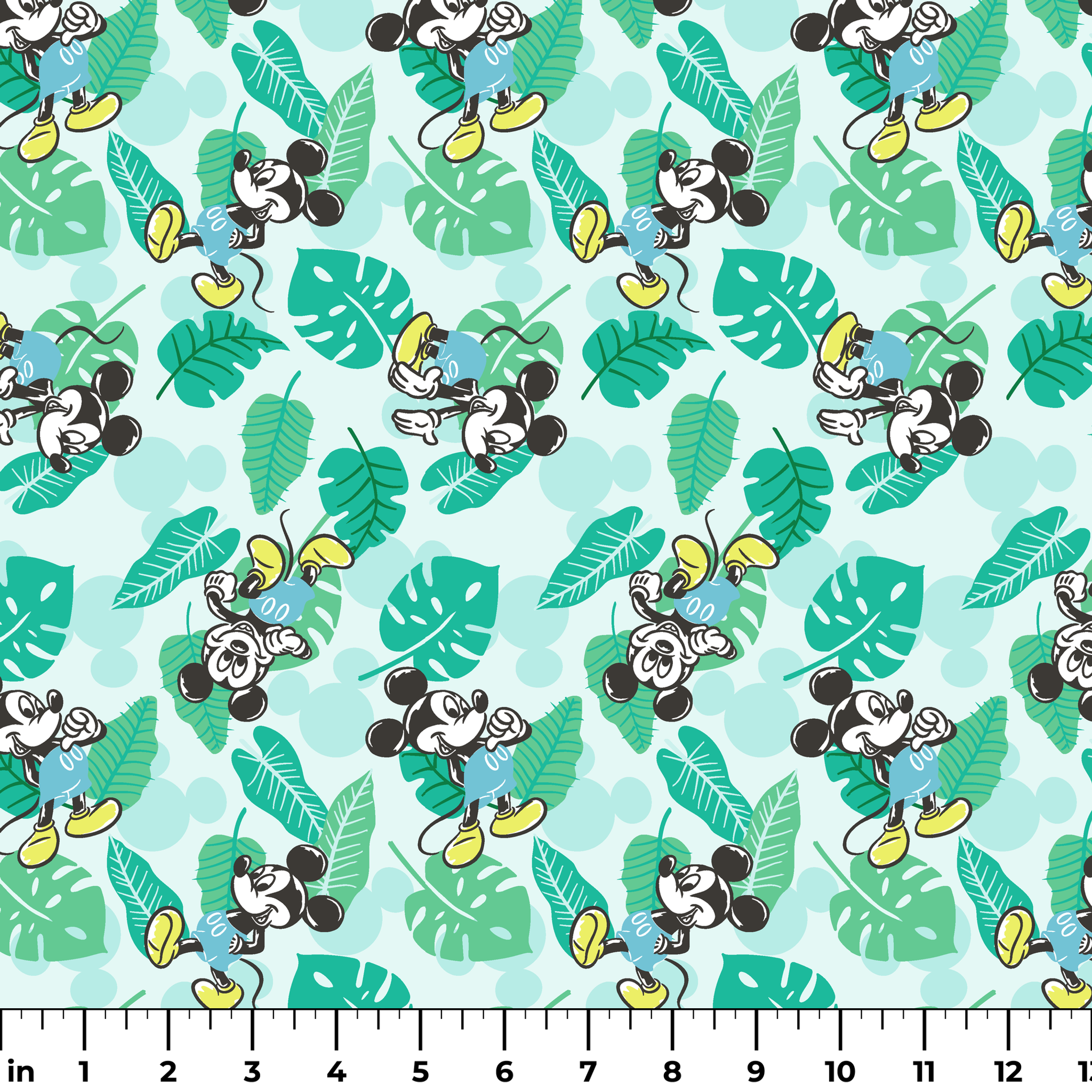 Colorful pattern with cartoon mice characters and tropical green leaves on a light blue background ruler