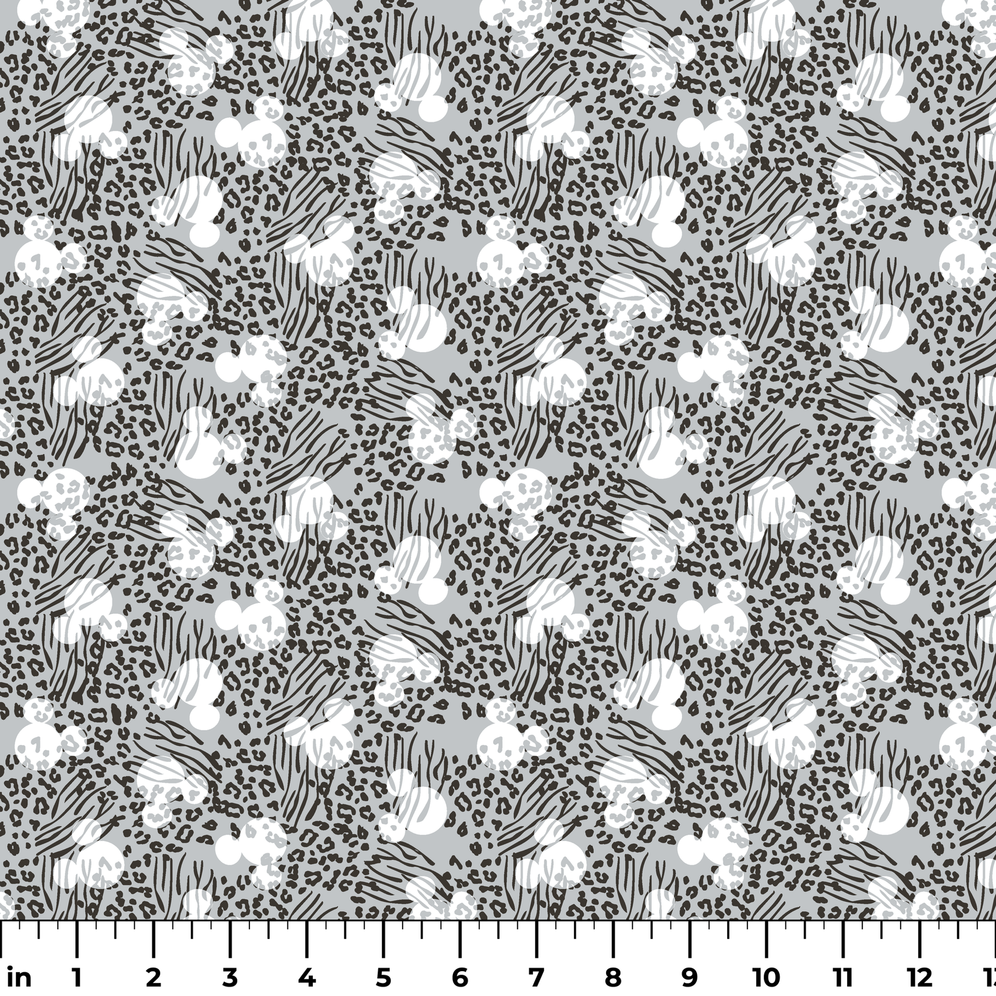 Animal print pattern with zebra stripes and leopard spots in black and white on gray background ruler