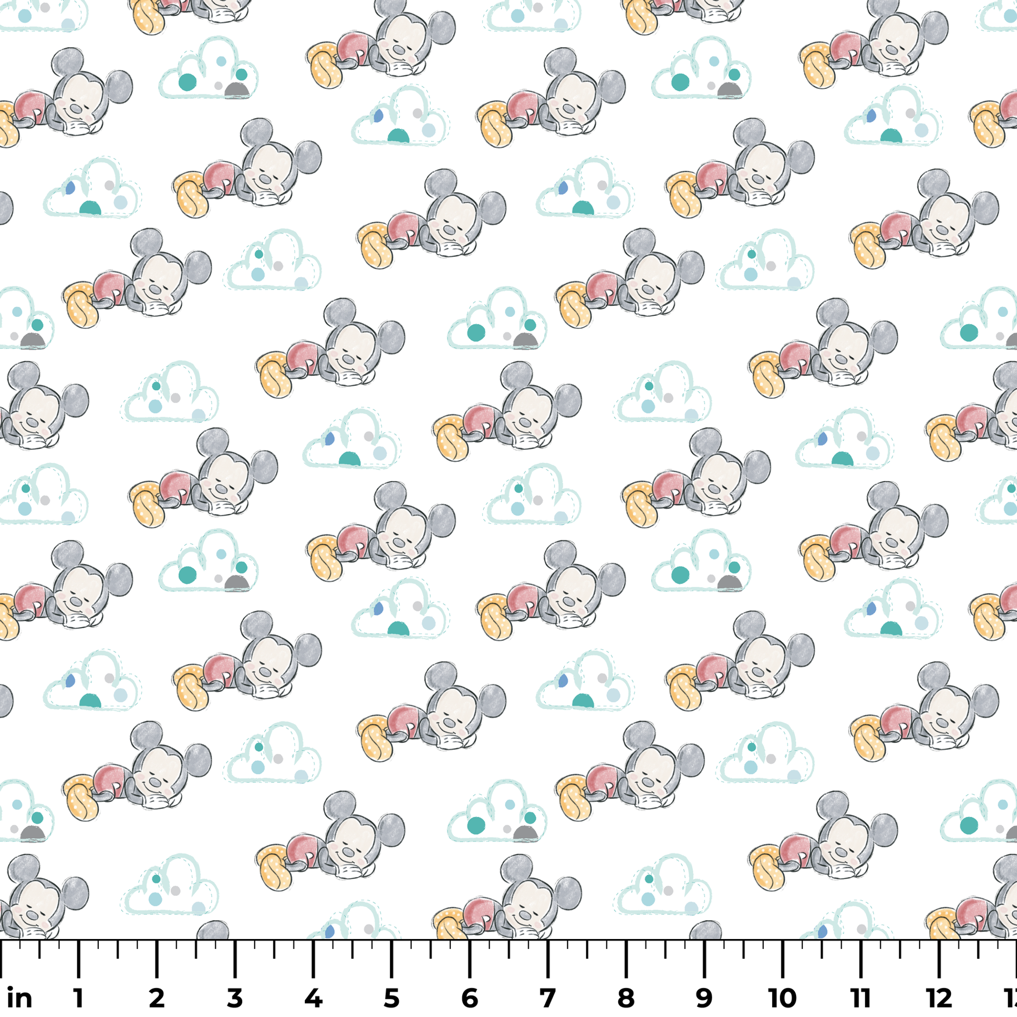 Cute cartoon mouse characters sleeping peacefully on white background with mint green clouds pattern ruler