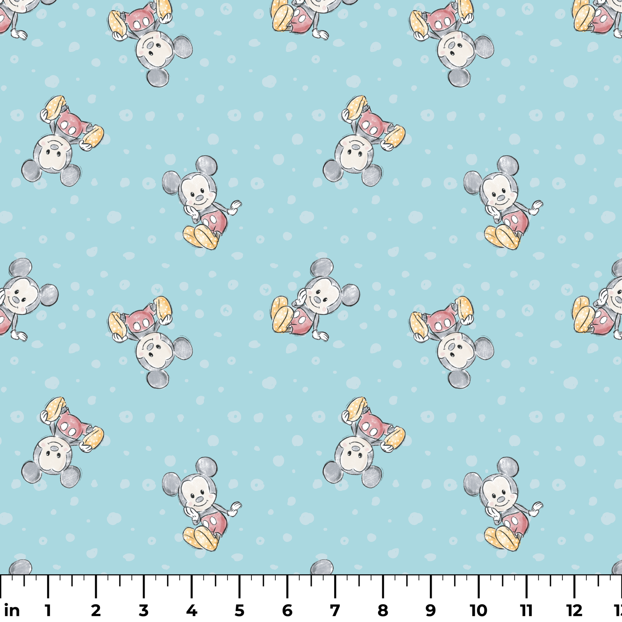 Cute cartoon mouse pattern with gray mice wearing colorful outfits on light blue polka dot background ruler