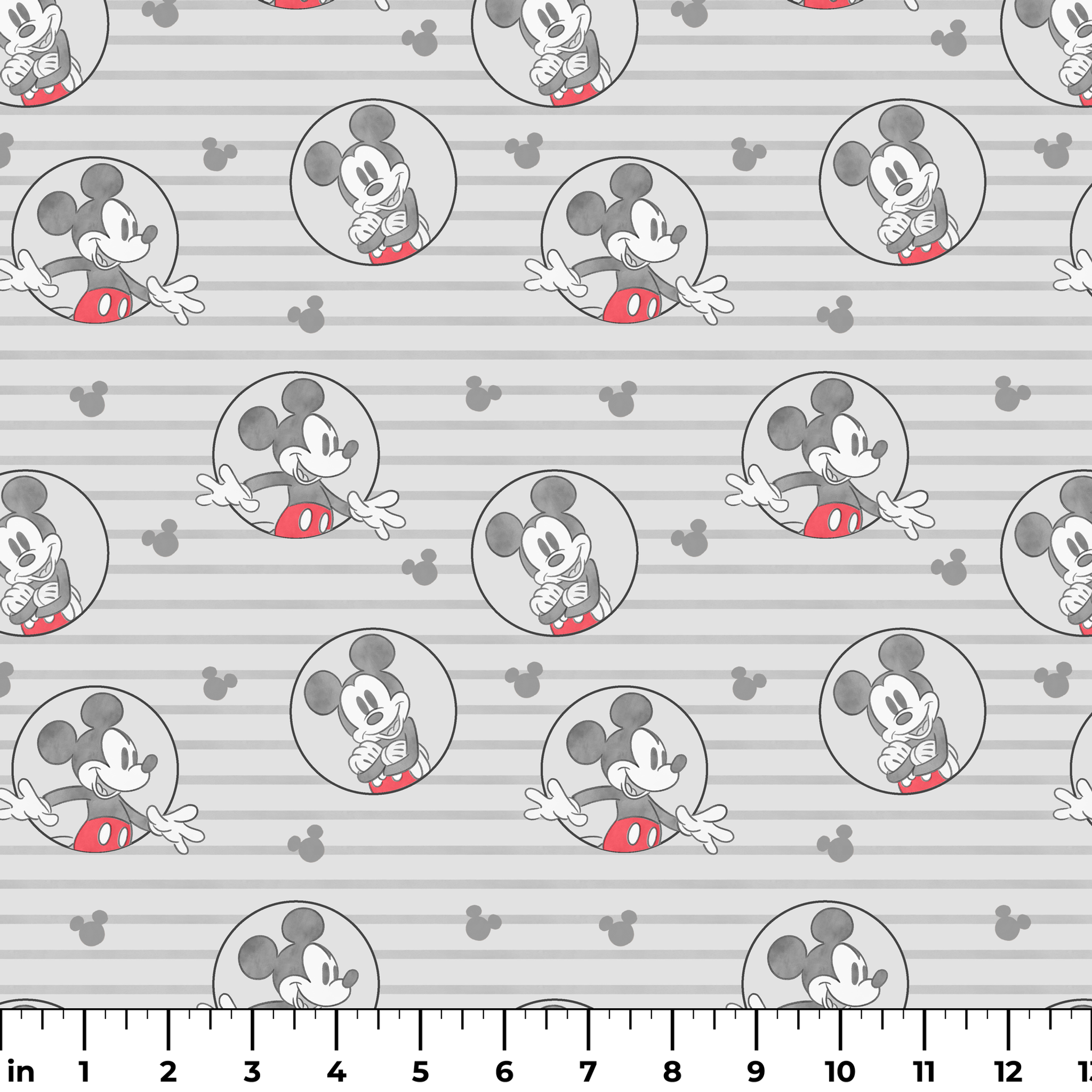 Mickey Mouse pattern on gray striped background with circular character portraits in red, black, and white ruler