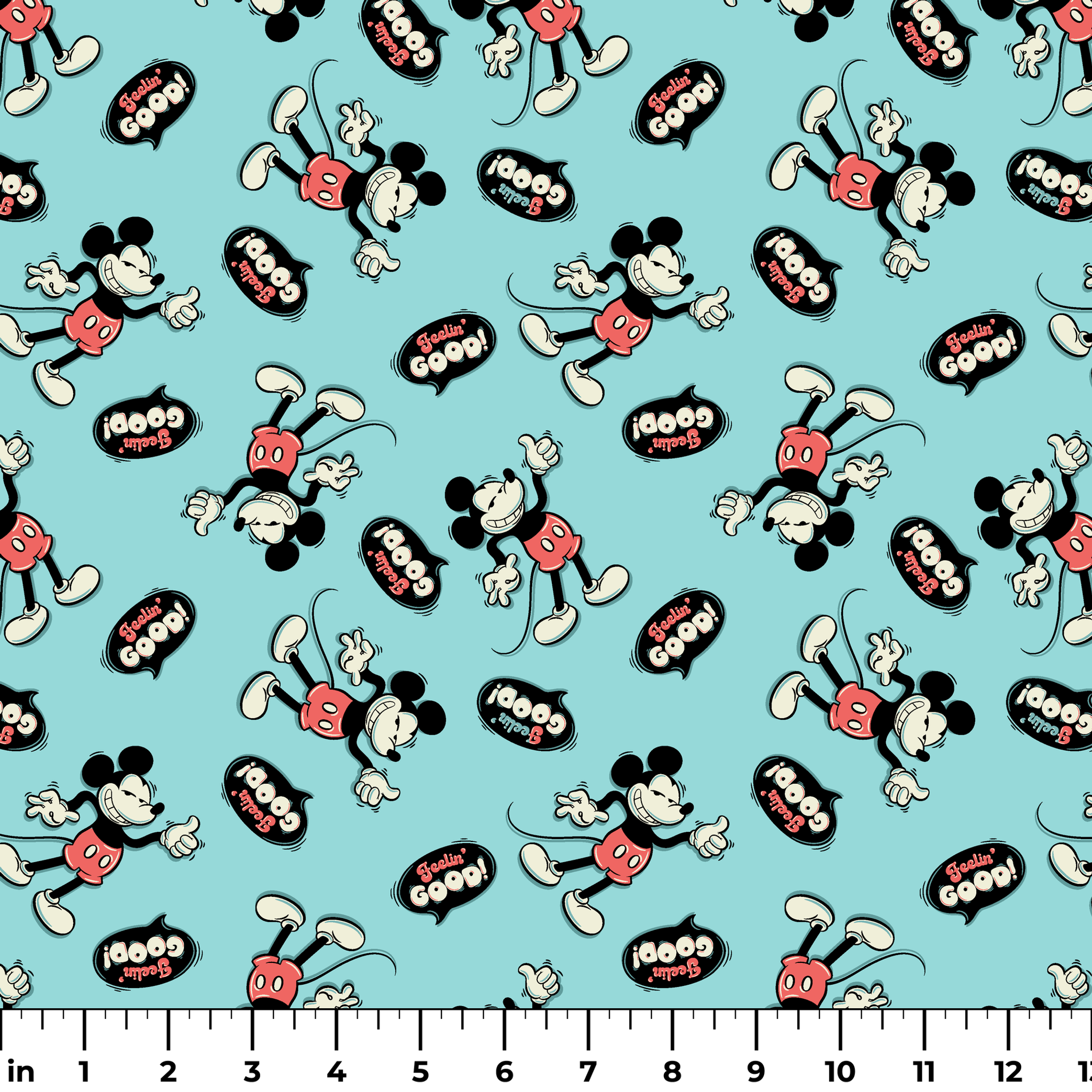 Mickey Mouse pattern on teal background with cartoon characters and "Gosh!" speech bubbles ruler