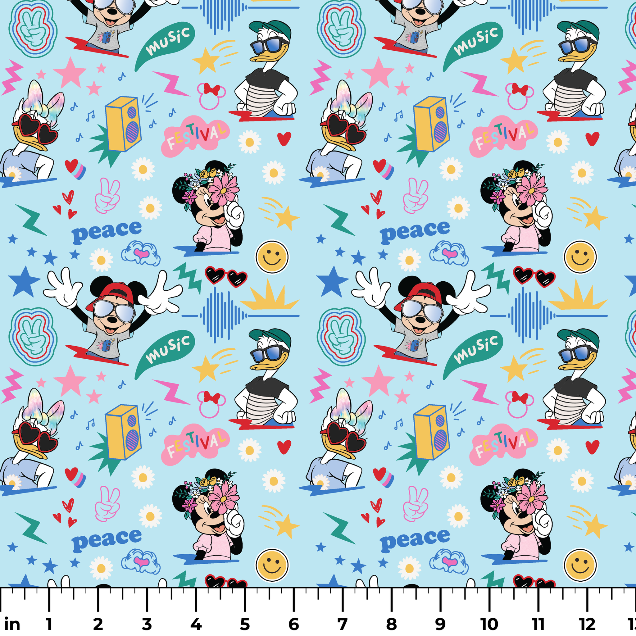 Colorful cartoon pattern with Disney characters, peace signs, stars, and music motifs on light blue background. ruler