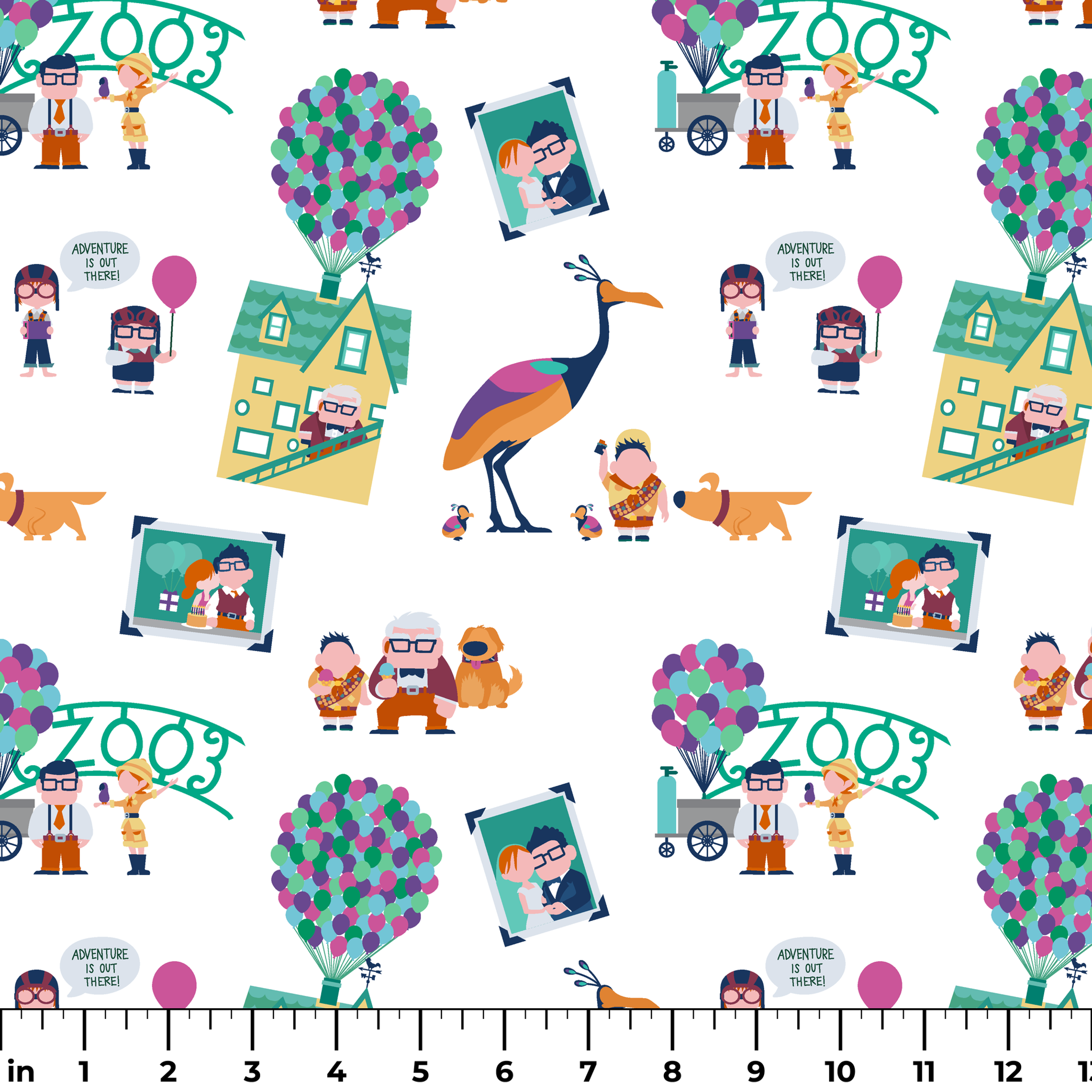 Colorful illustrated Up-inspired zoo pattern with cartoon characters, houses with balloons, peacocks, and family portraits on white background. ruler