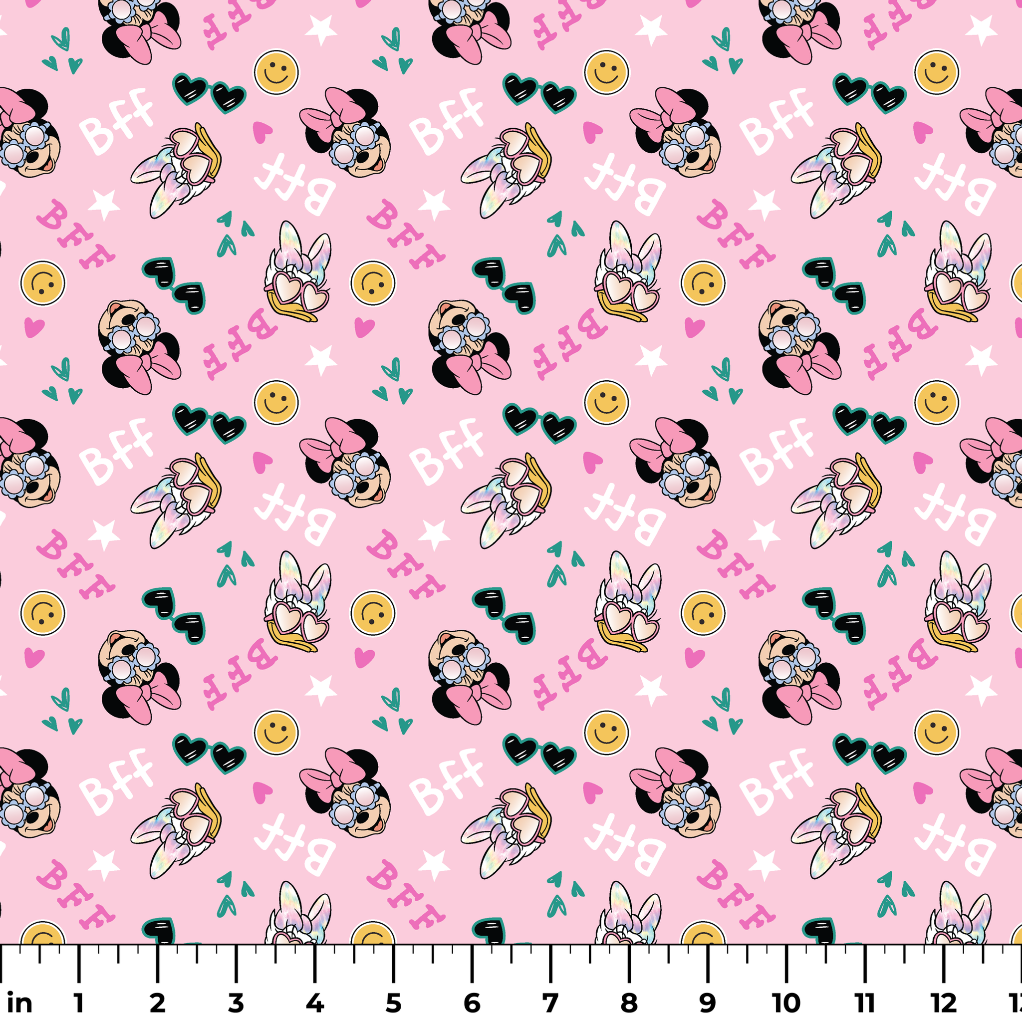 Pink background with Minnie Mouse pattern featuring bows, heart sunglasses, smiley faces, and "BFF" text in playful colors. ruler