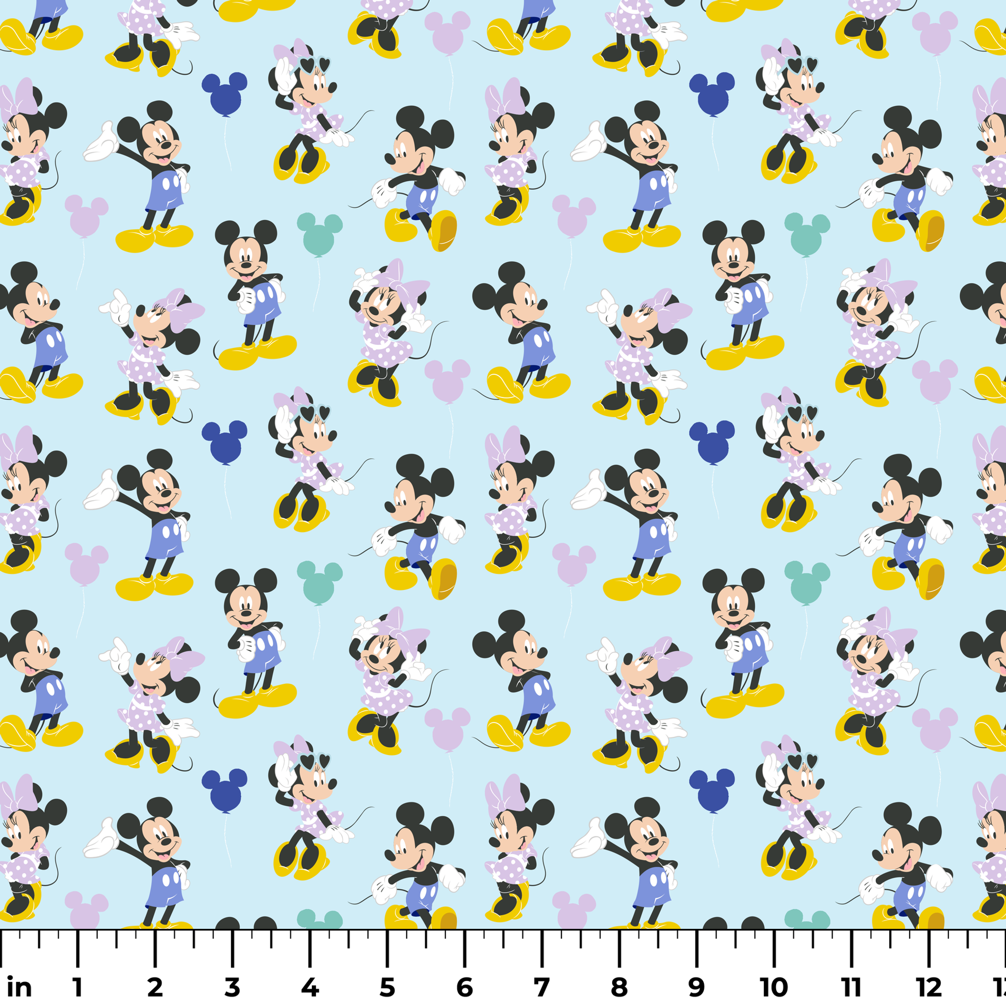 Pattern of Mickey and Minnie Mouse characters in various poses on light blue background ruler