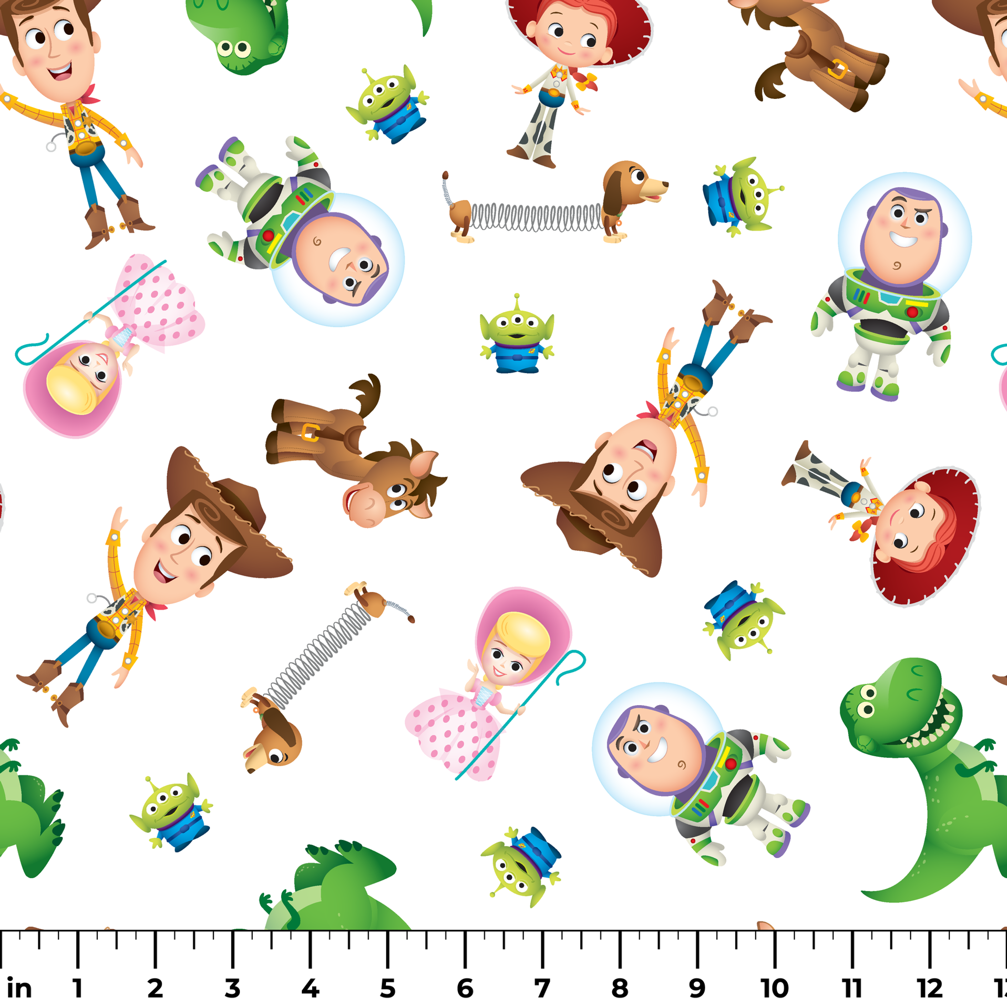 Toy Story character pattern with Woody, Buzz, Jessie, Rex, Slinky Dog and aliens on white background ruler
