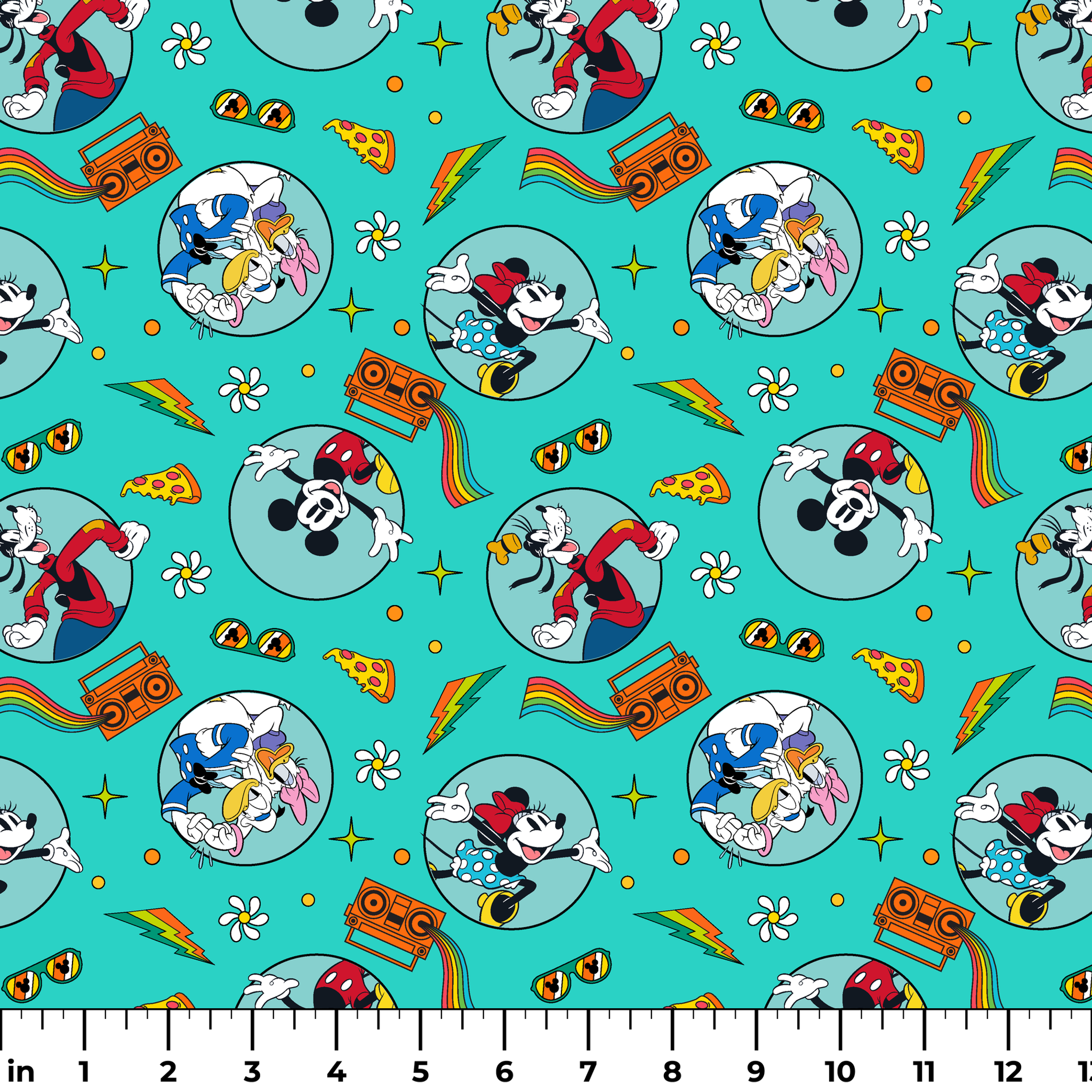 Colorful Mickey Mouse and friends pattern with pizza, boomboxes, sunglasses on teal background ruler