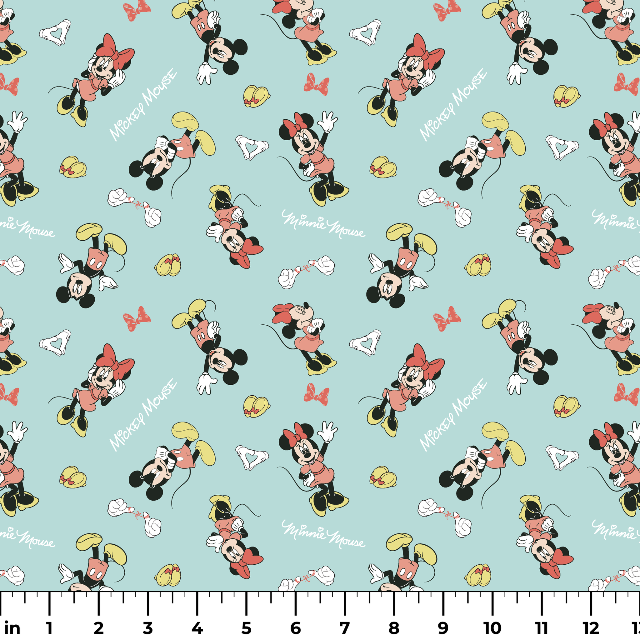 Mickey and Minnie Mouse pattern on light turquoise background with scattered characters, bows, and gloves ruler