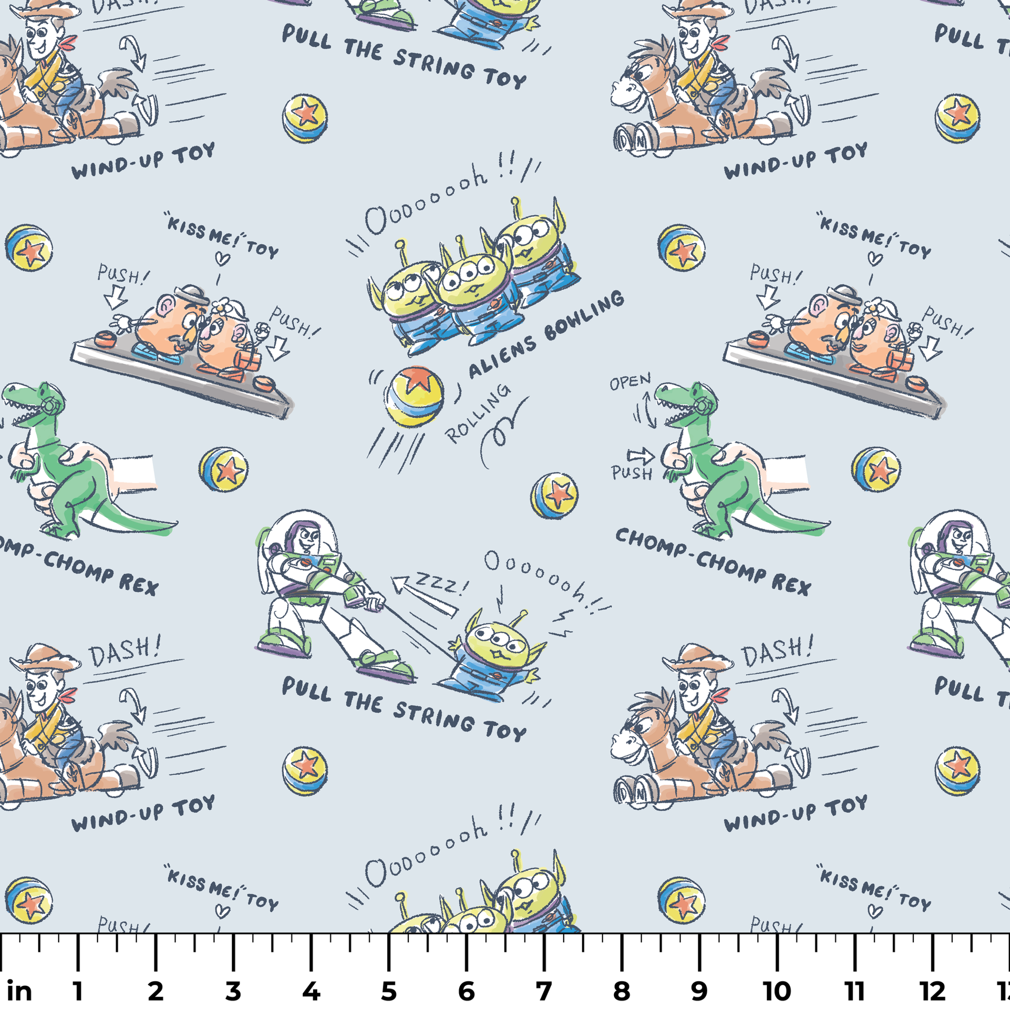Illustrated Toy Story character designs showing wind-up, pull string, and action toys on light blue background ruler