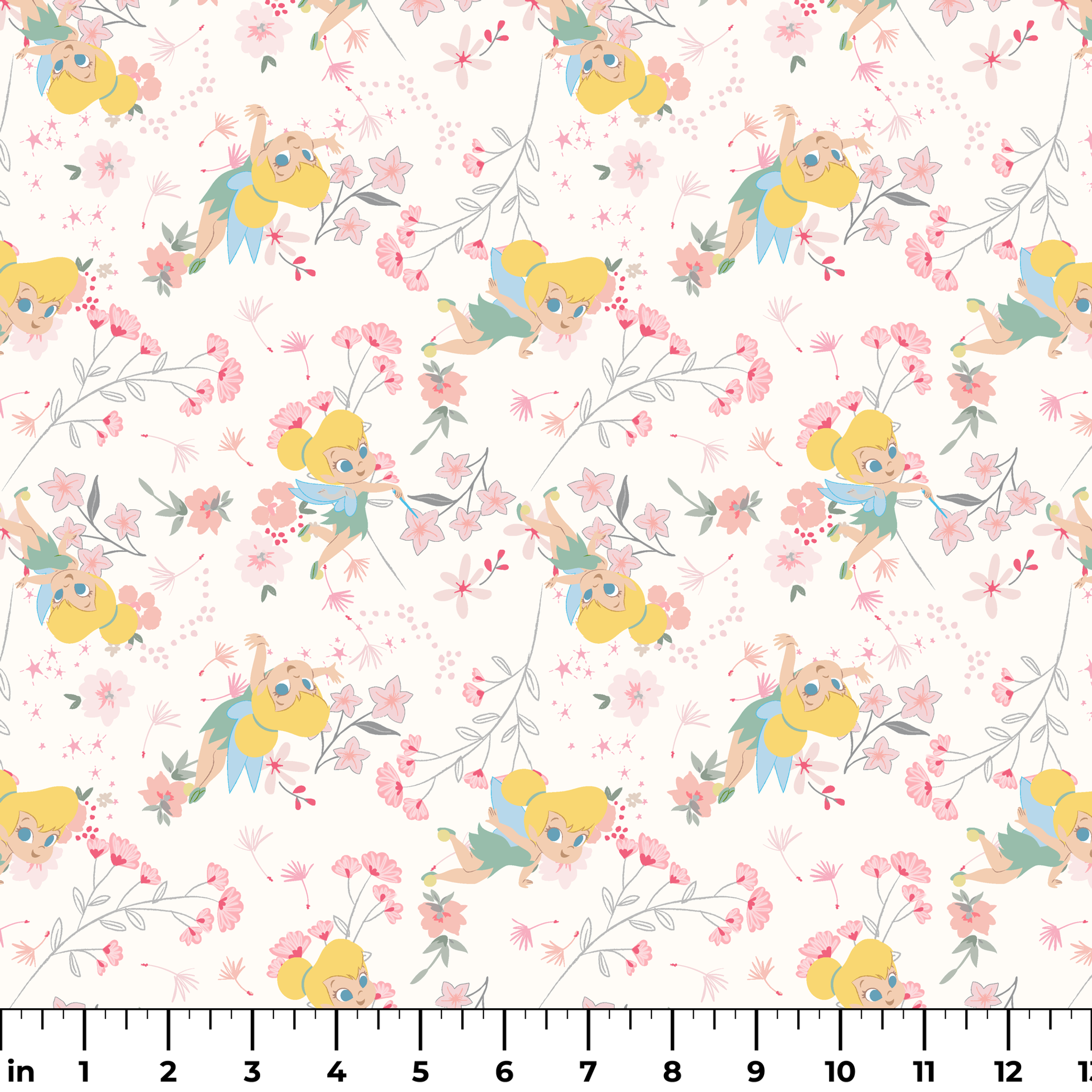 Whimsical pattern with Tinker Bell among pink flowers and green leaves on white background ruler