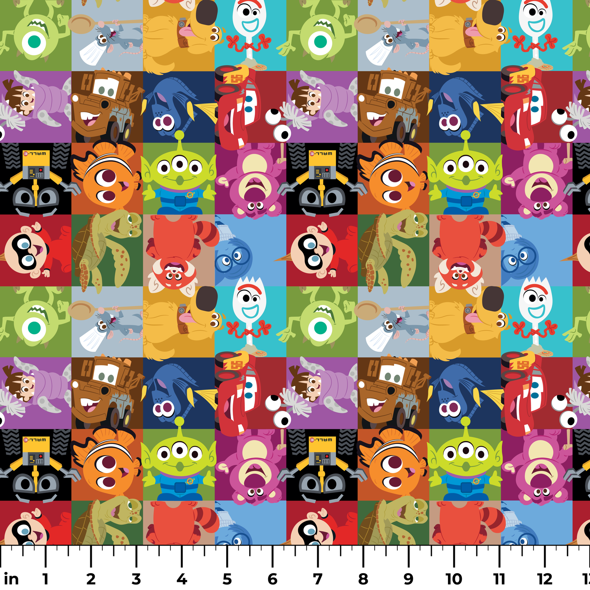 Grid of stylized Disney/Pixar characters including Mike Wazowski, Nemo, Wall-E, Lightning McQueen, Dory, and others in colorful squares ruler