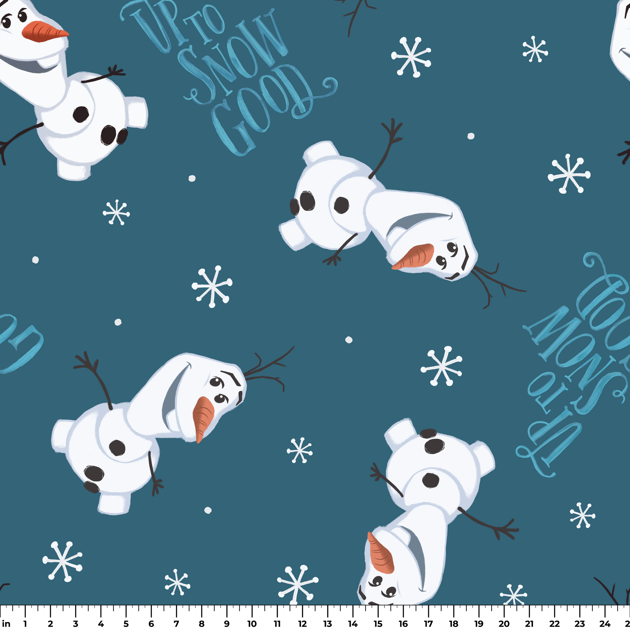 Playful Olaf  pattern with "Let It Snow" text on teal background with snowflakes ruler