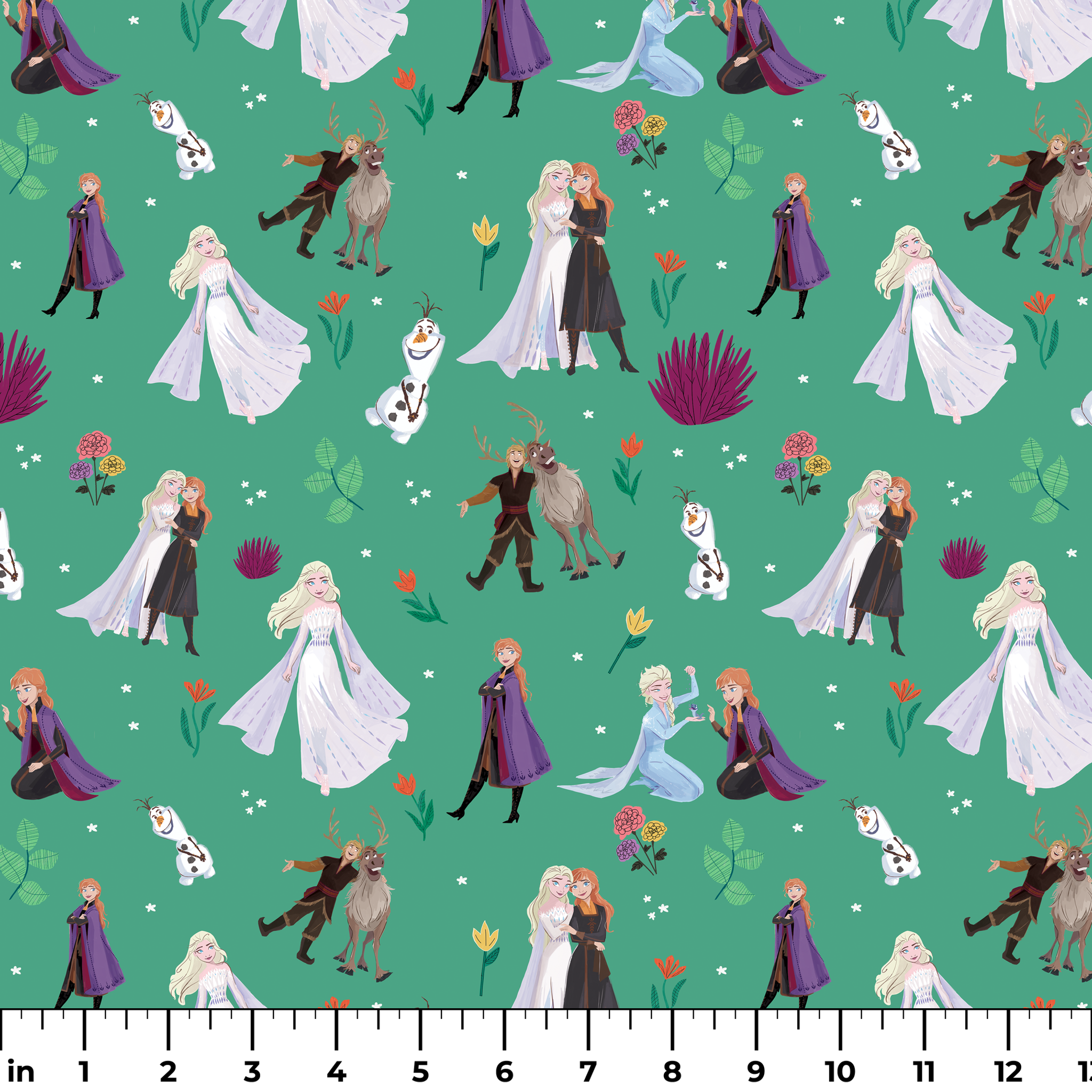 Pattern of animated characters from Frozen including Olaf the snowman, characters in formal attire, and colorful flowers on a green background. ruler