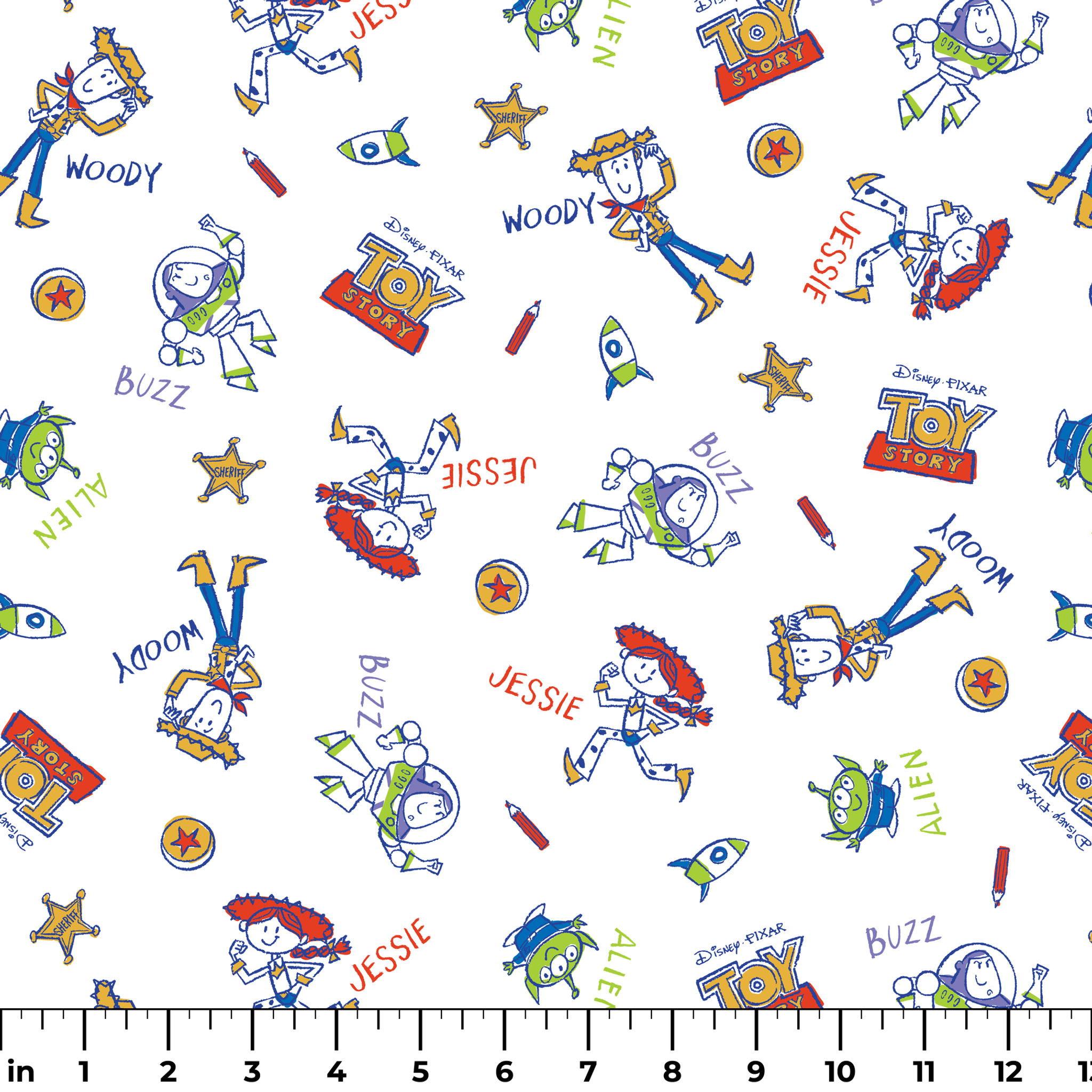 Toy Story pattern with Buzz Lightyear and Woody characters, stars, and spaceships on white background ruler