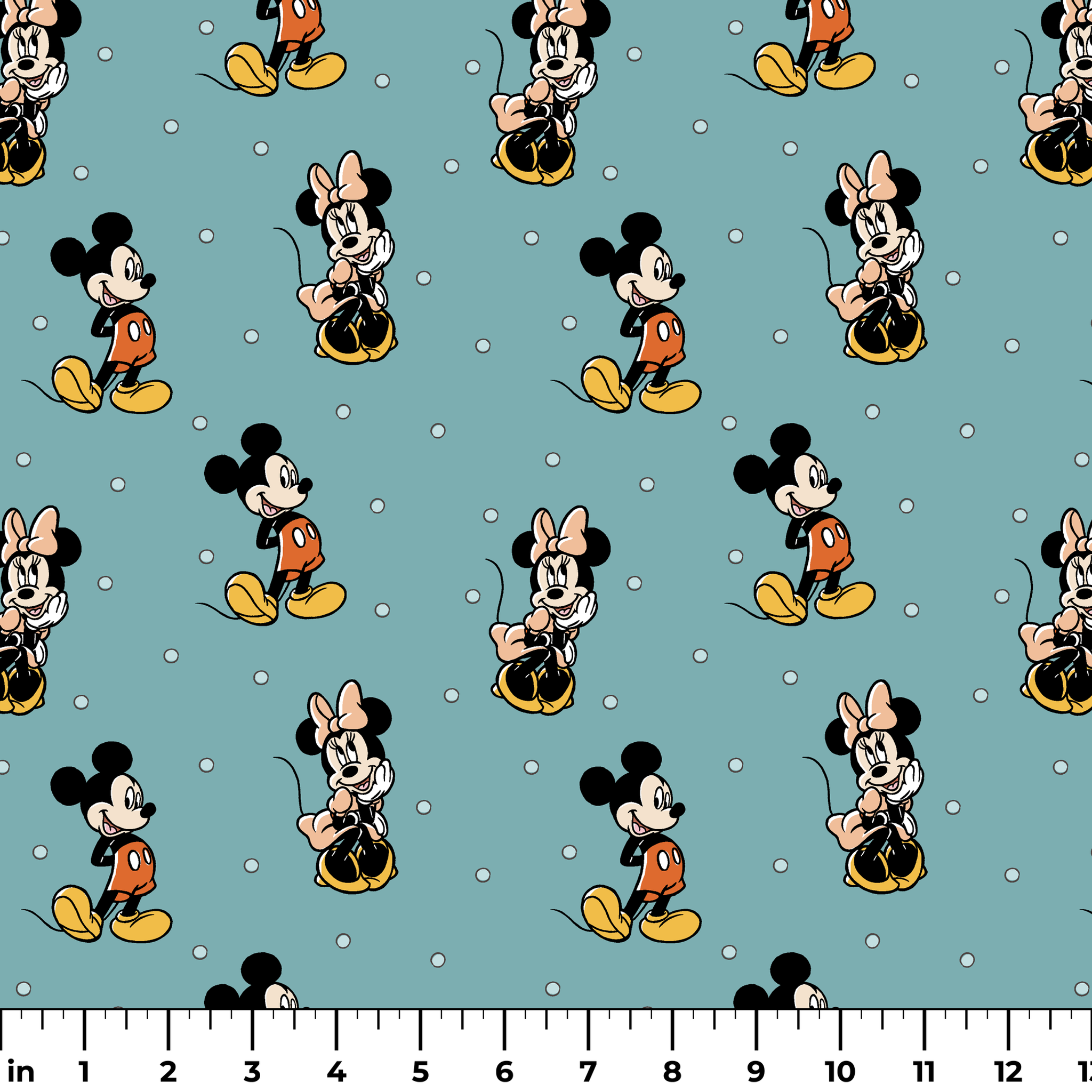Cartoon pattern of Mickey and Minnie Mouse characters on light blue background with white dots ruler