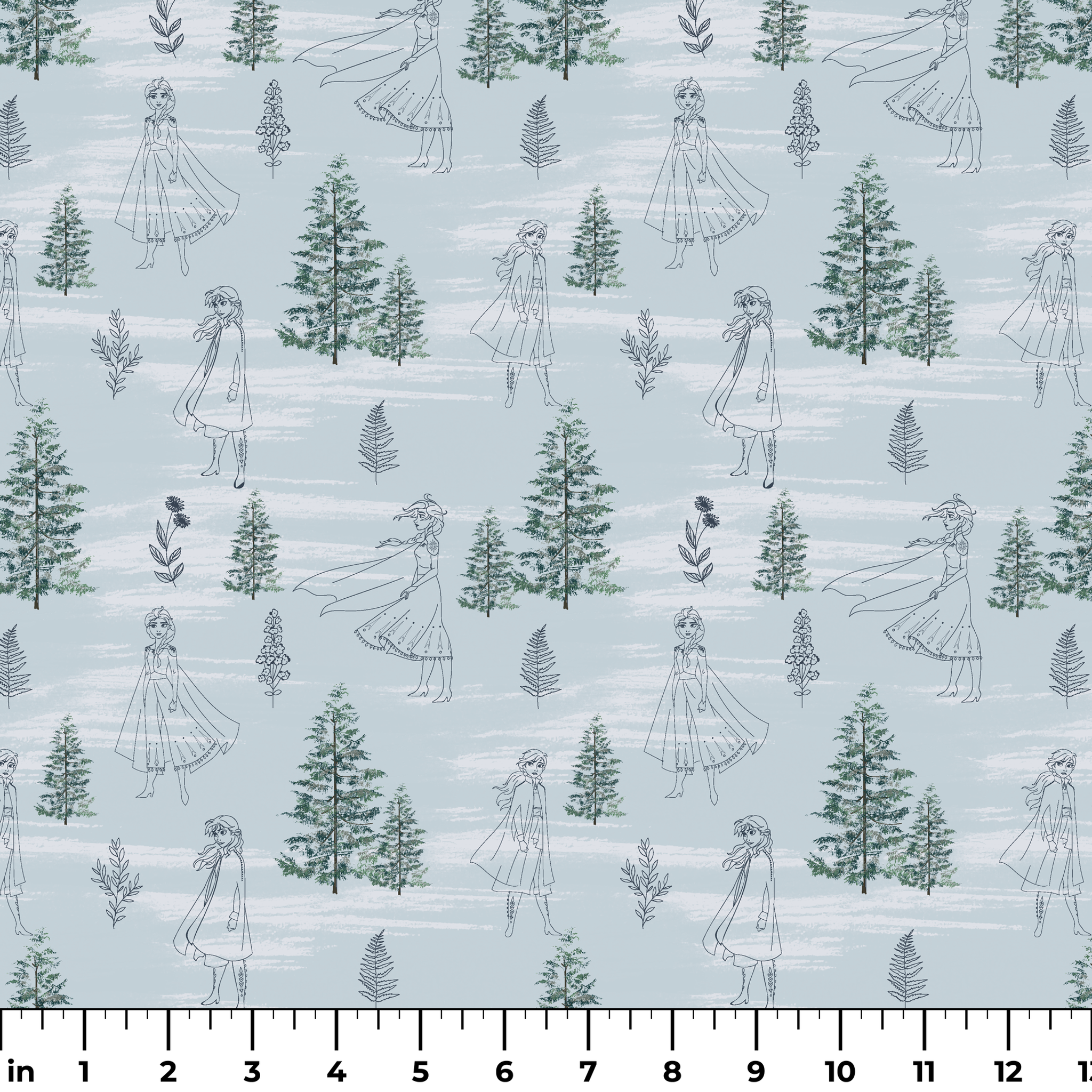 Pale blue pattern with delicate line drawings of pine trees, Elsa, and Anna across a wintry landscape ruler