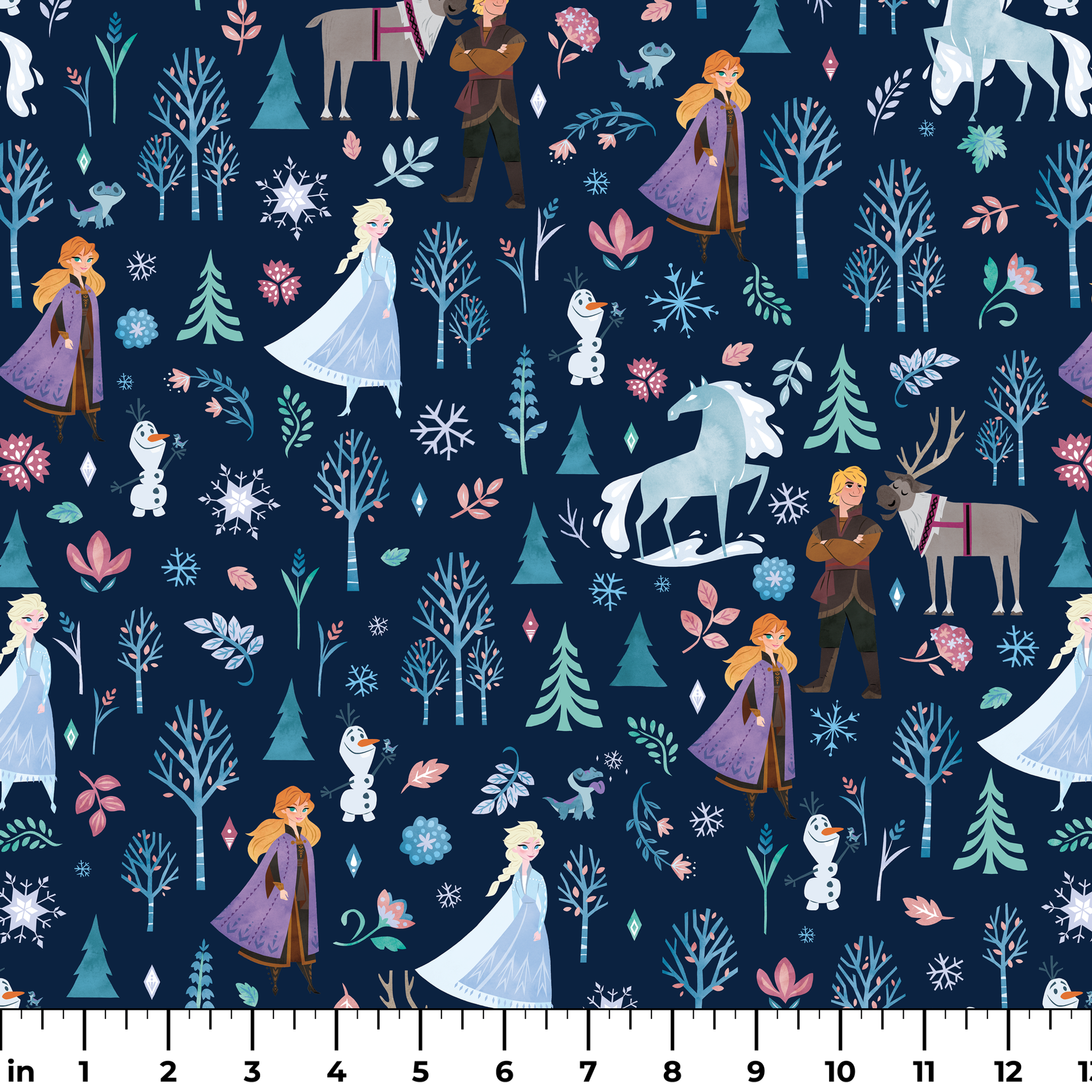 Illustrated Frozen pattern with Elsa, Anna, & friends, and floral elements on dark blue background ruler