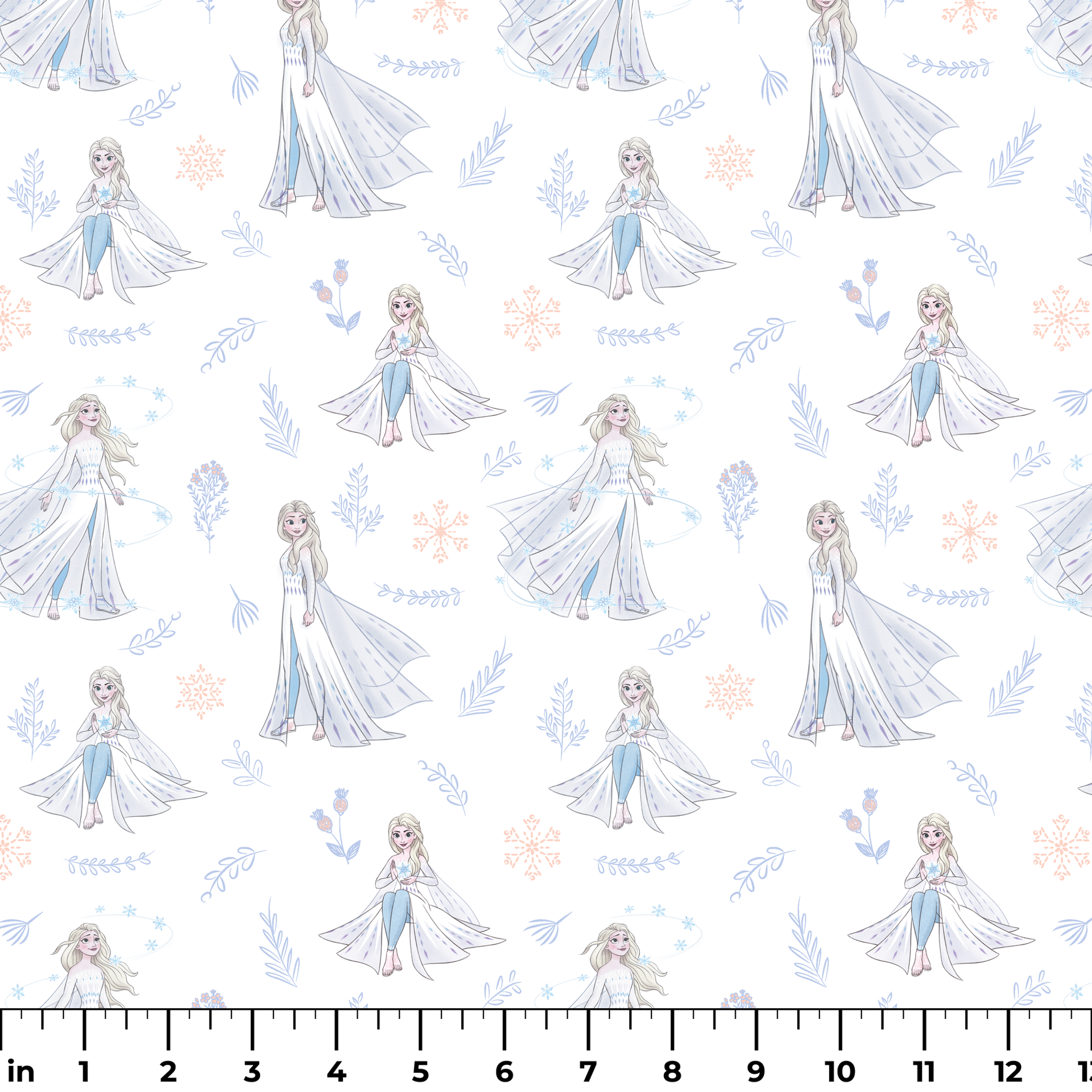 The image shows a decorative pattern featuringFrozen's Elsa, surrounded by delicate snowflakes, leaves, and floral elements in soft pastel colors on a light background. ruler