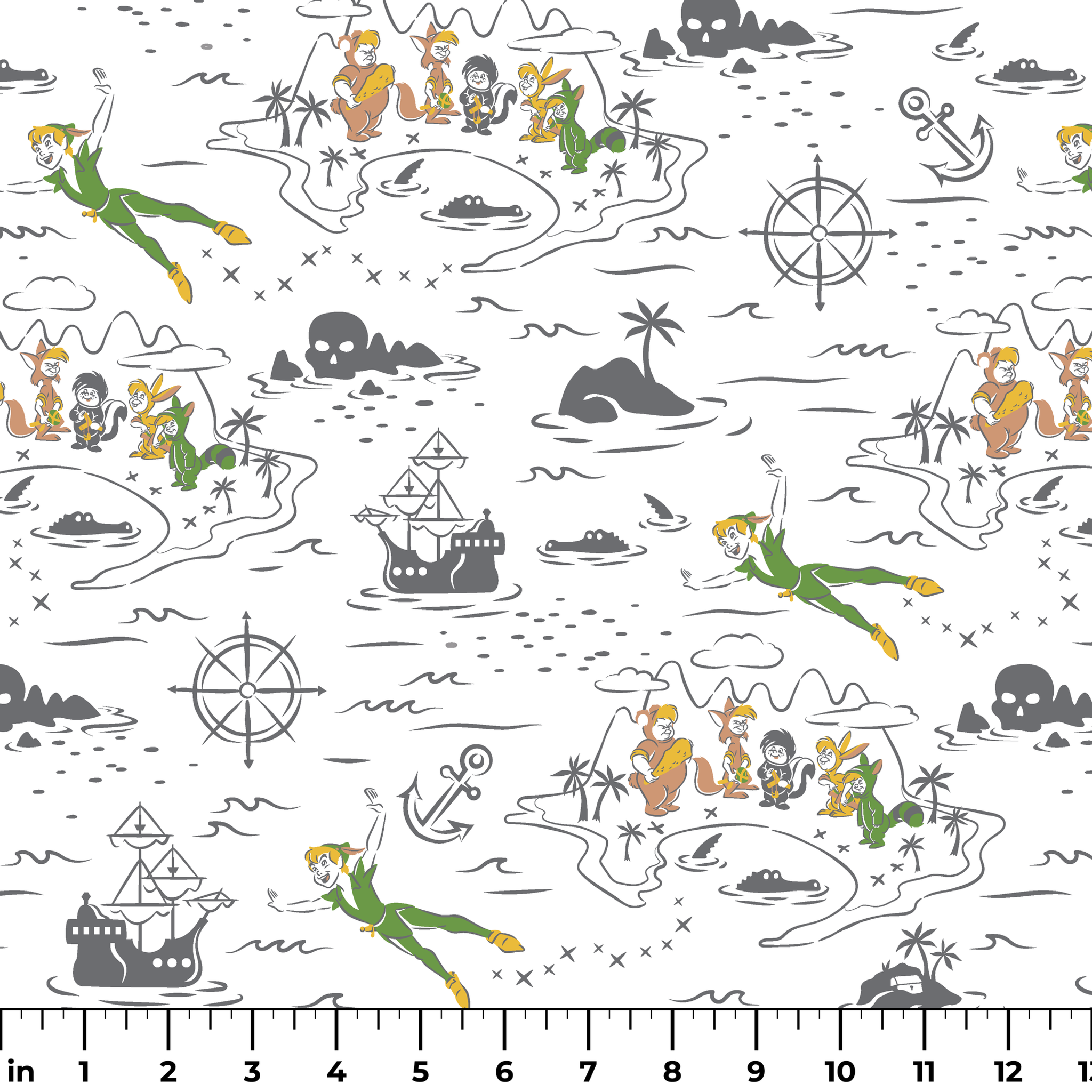 Peter Pan-inspired pattern with islands, ships, mermaids, compass roses, and pirate symbols in green, orange, and gray on white background ruler