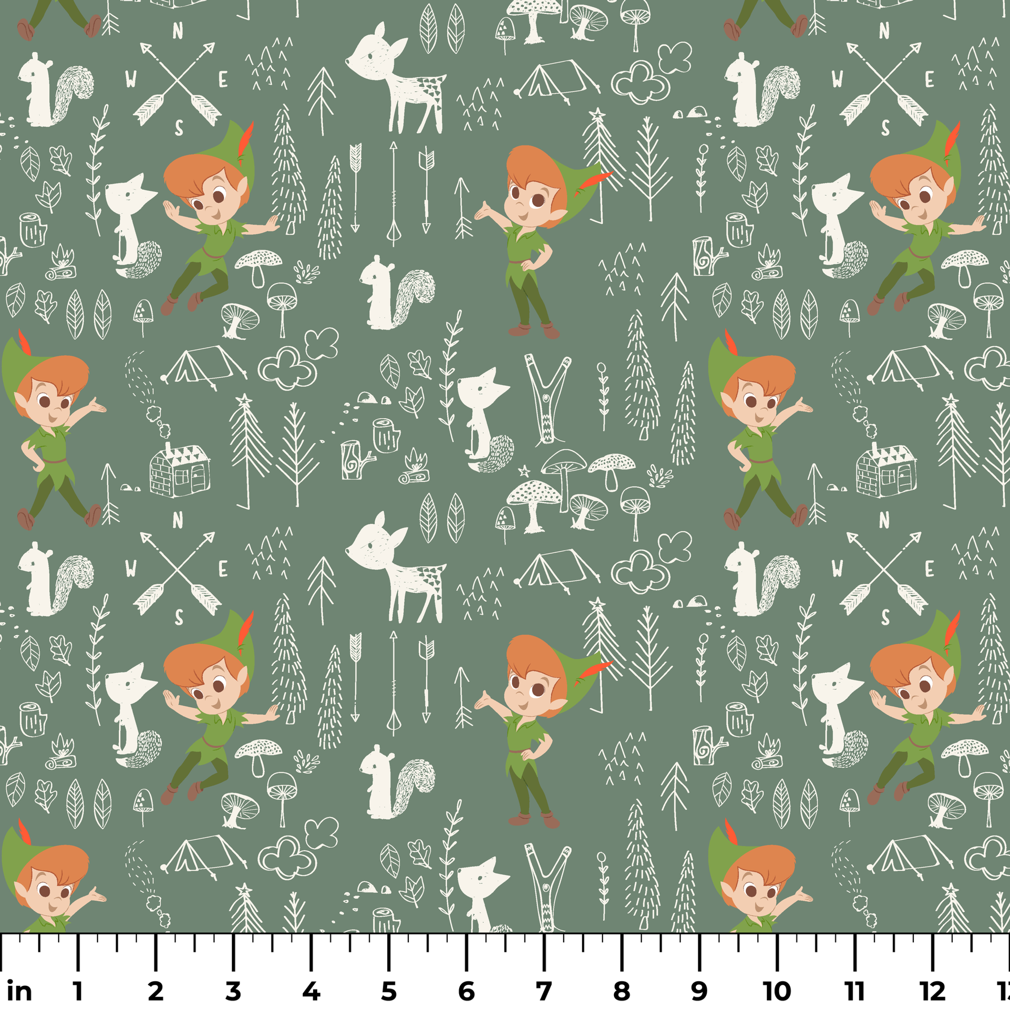 Illustrated forest pattern with cartoon characters in green outfits, white animals, and woodland elements on sage background. ruler