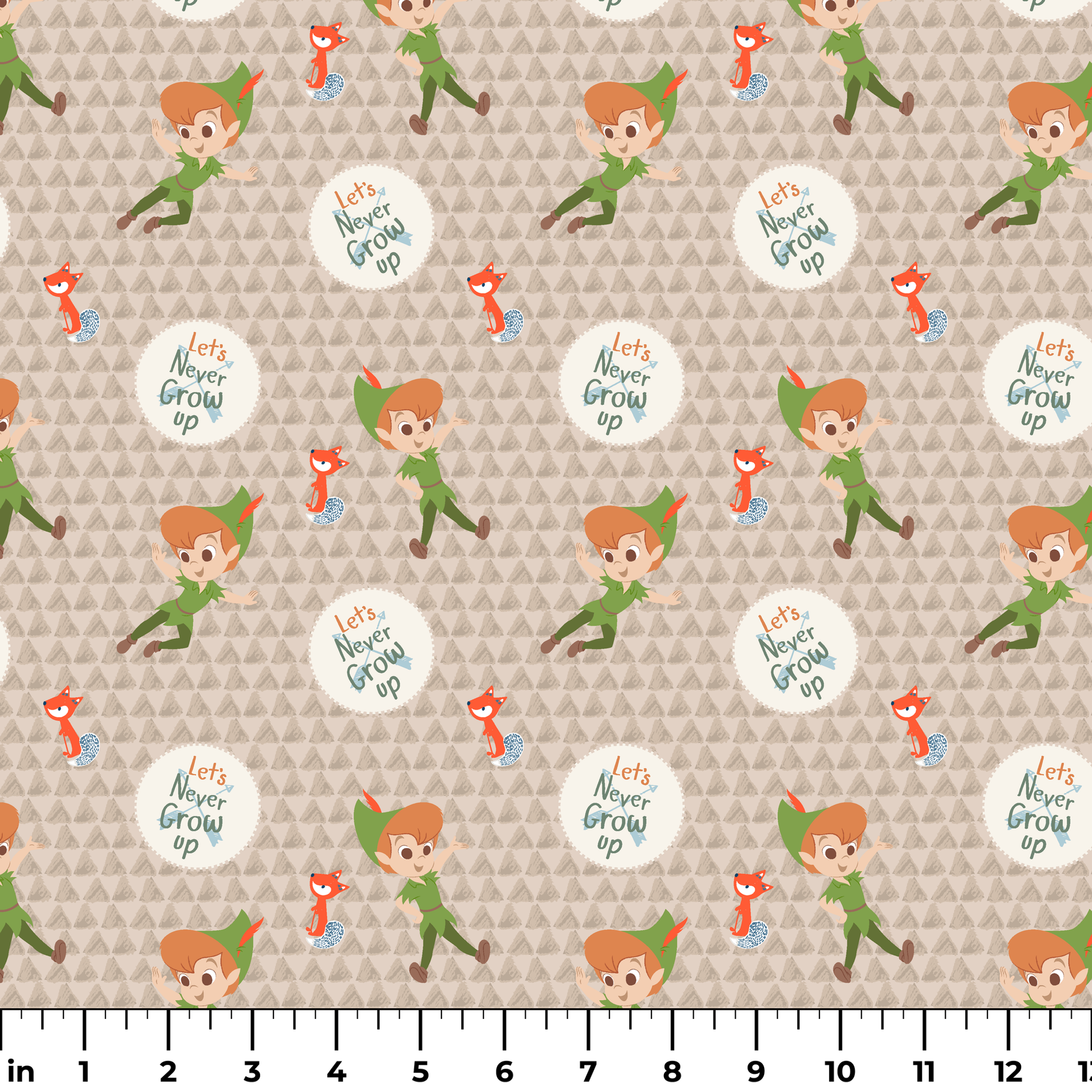 Cartoon pattern featuring Peter Pan character flying, orange foxes, and "Let's Never Grow Up" text on beige background ruler