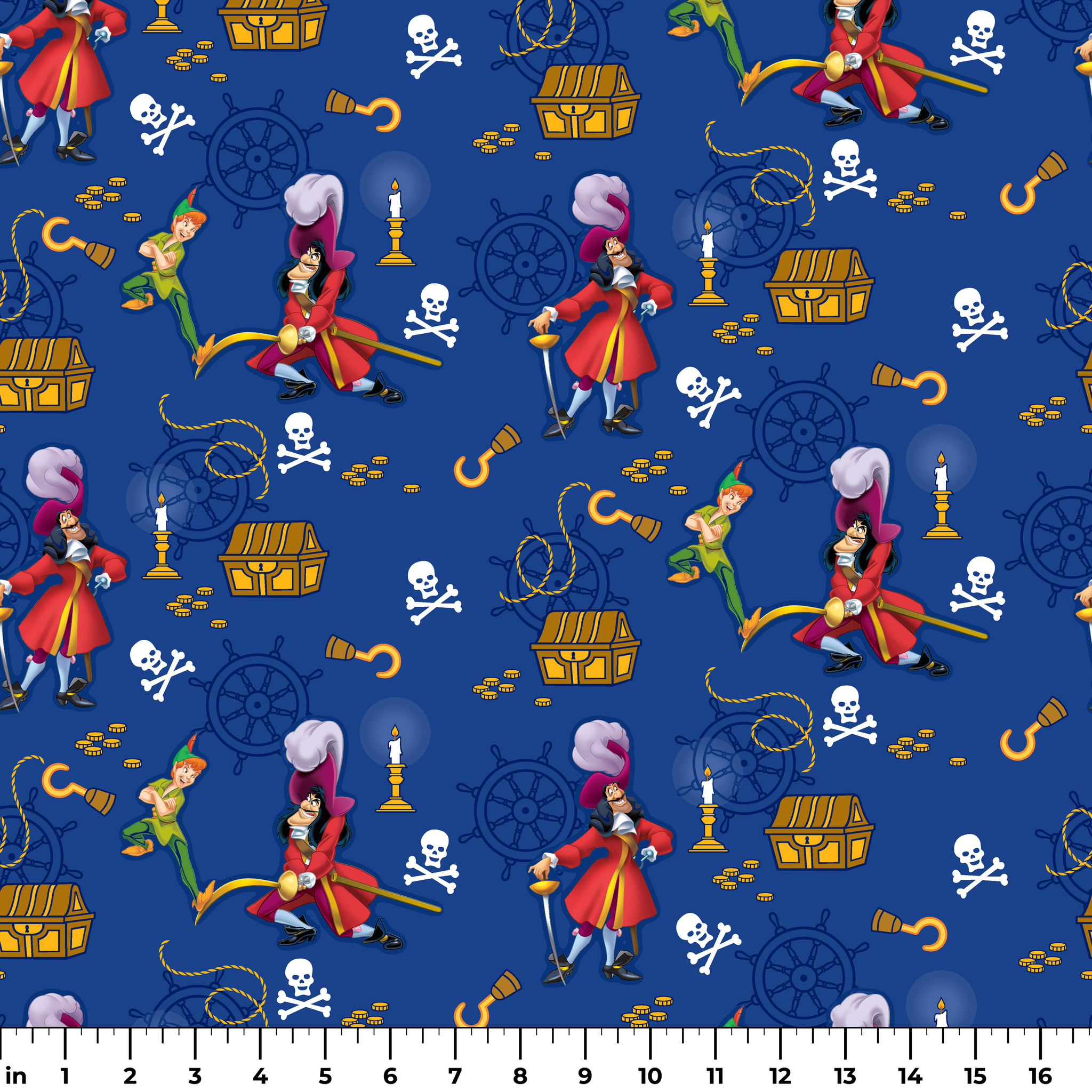 Pirate-themed pattern with captains, treasure chests, hooks, and skull symbols on blue background ruler