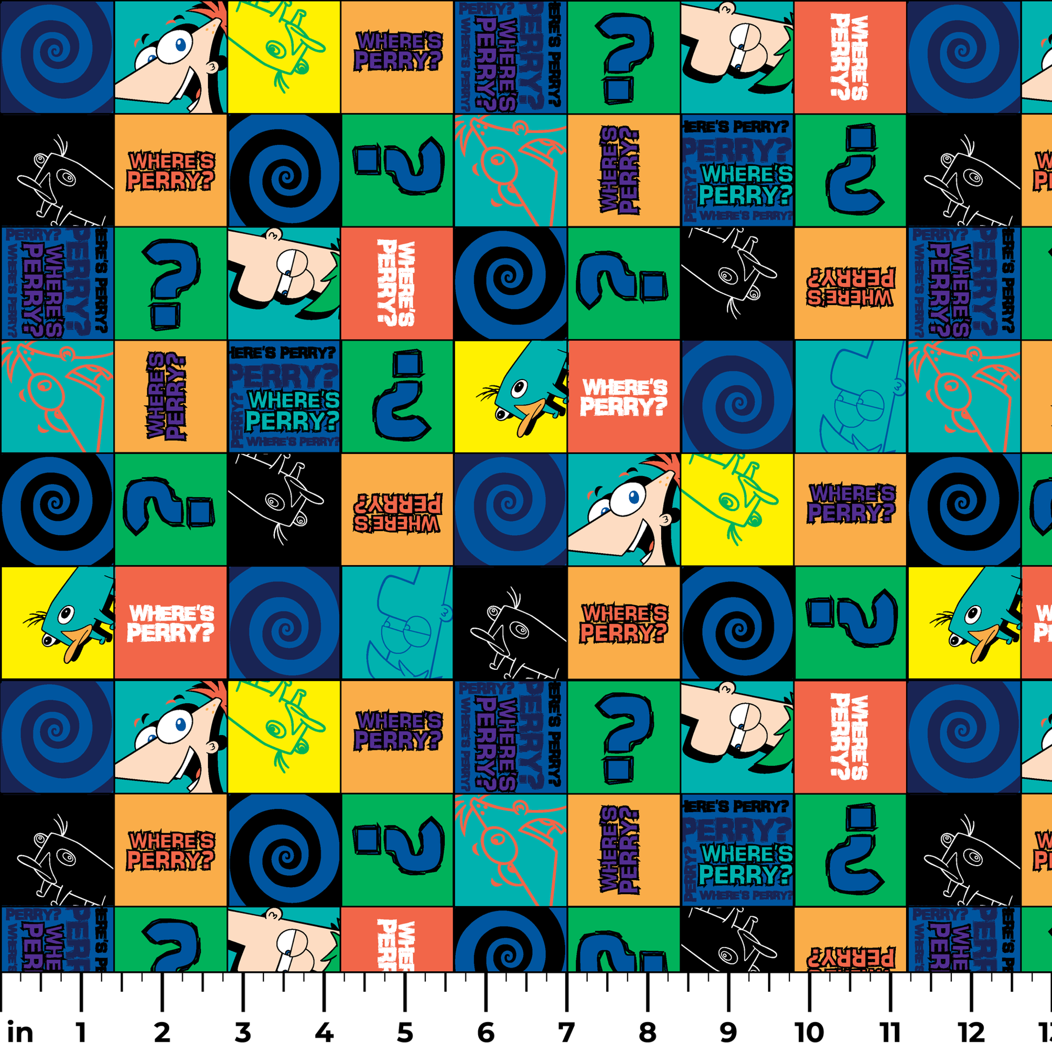 Colorful grid pattern with Phineas and Ferb cartoon characters, logos, question marks, and spirals in blue, green, and orange squares. ruler