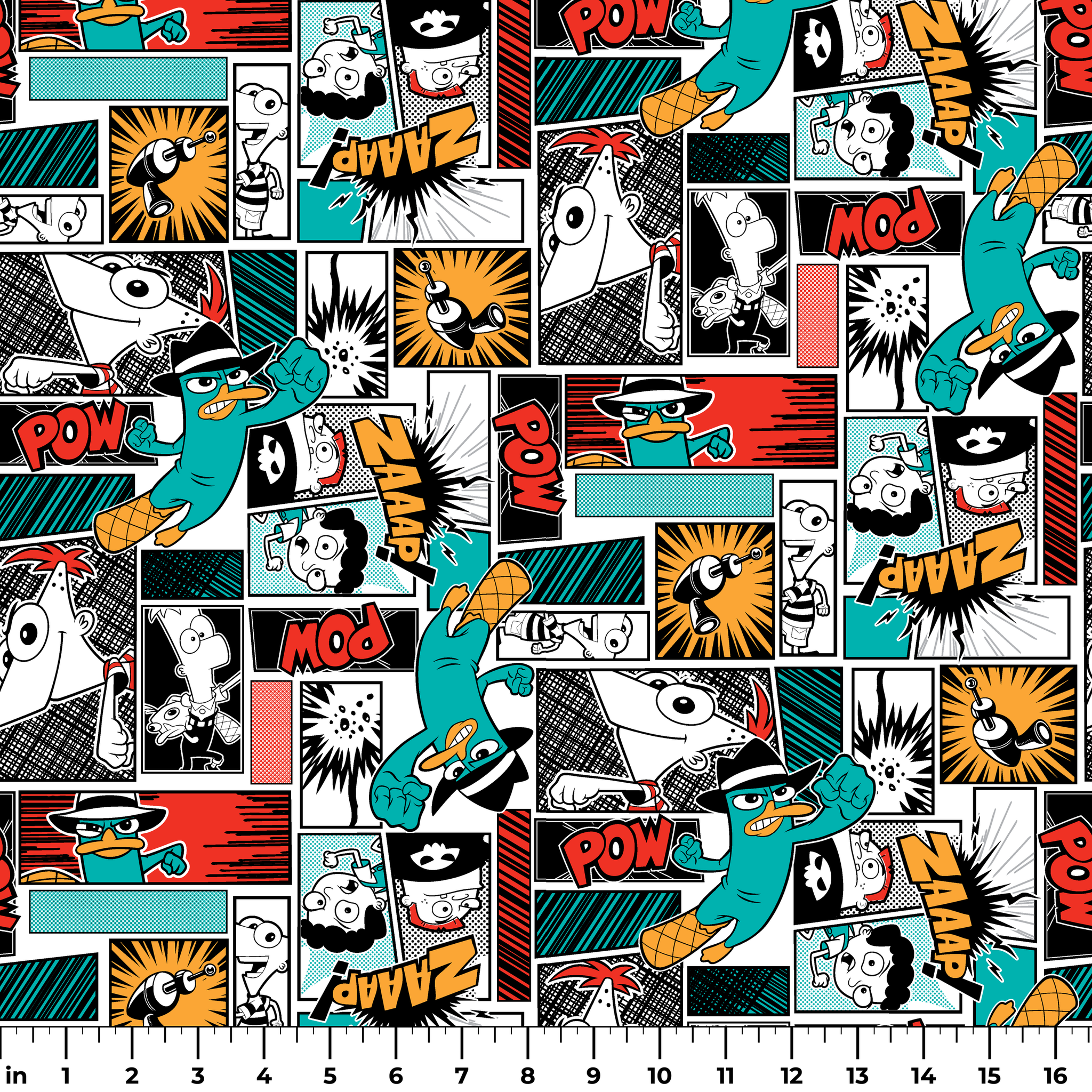 Comic book style pattern with colorful panels featuring sound effects like POW, BANG, and WHAM on red, blue, and black backgrounds ruler