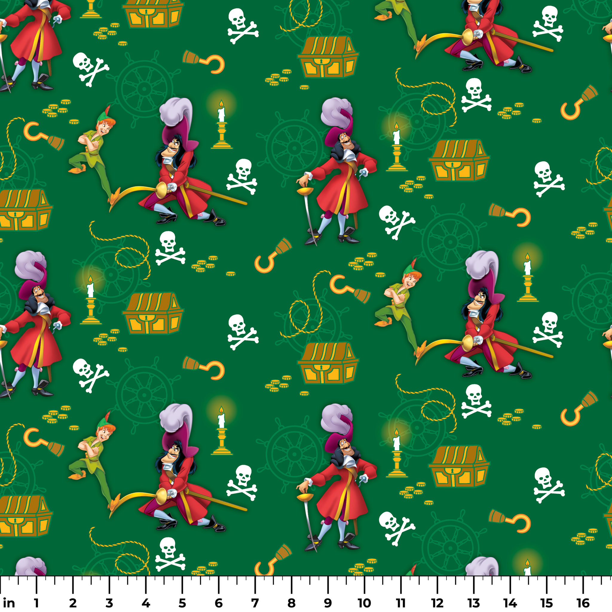 Peter Pan-themed pattern with Captain Hook, treasure chests, skulls, and golden hooks on green background. ruler